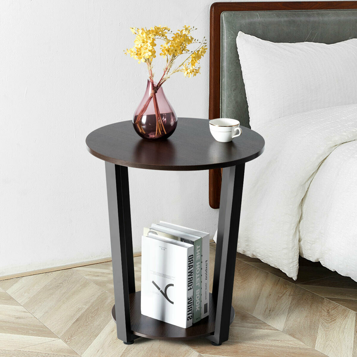 2-Tier Round End Table with Storage Shelf & Metal Frame-Walnut