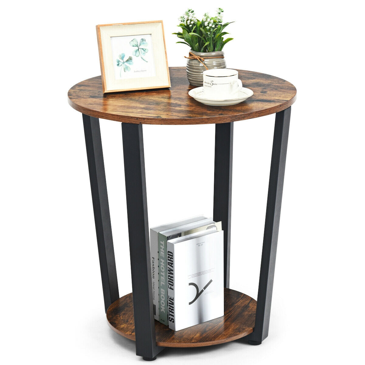 2-Tier Round End Table with Storage Shelf and Metal Frame-Brown