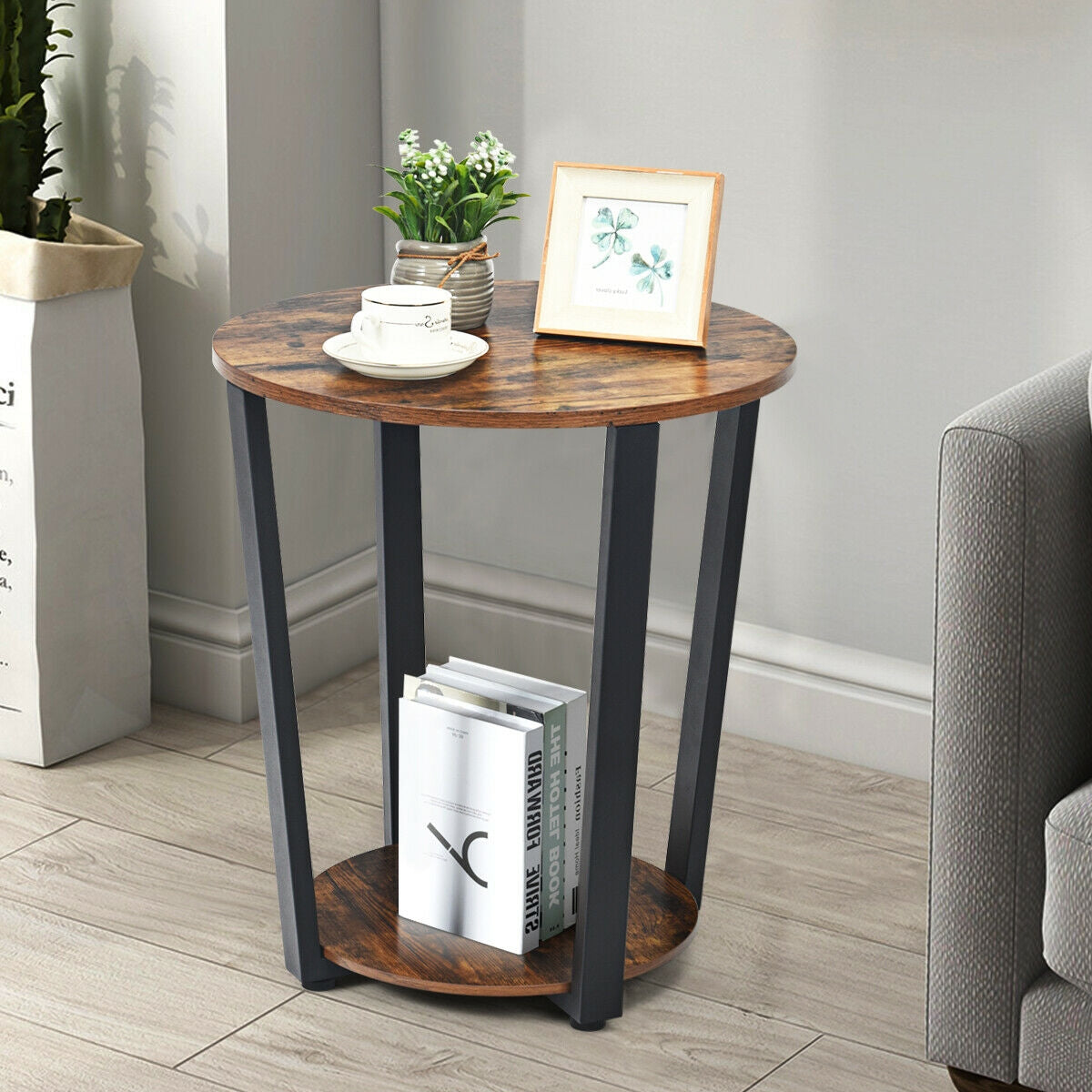 2-Tier Round End Table with Storage Shelf and Metal Frame-Brown