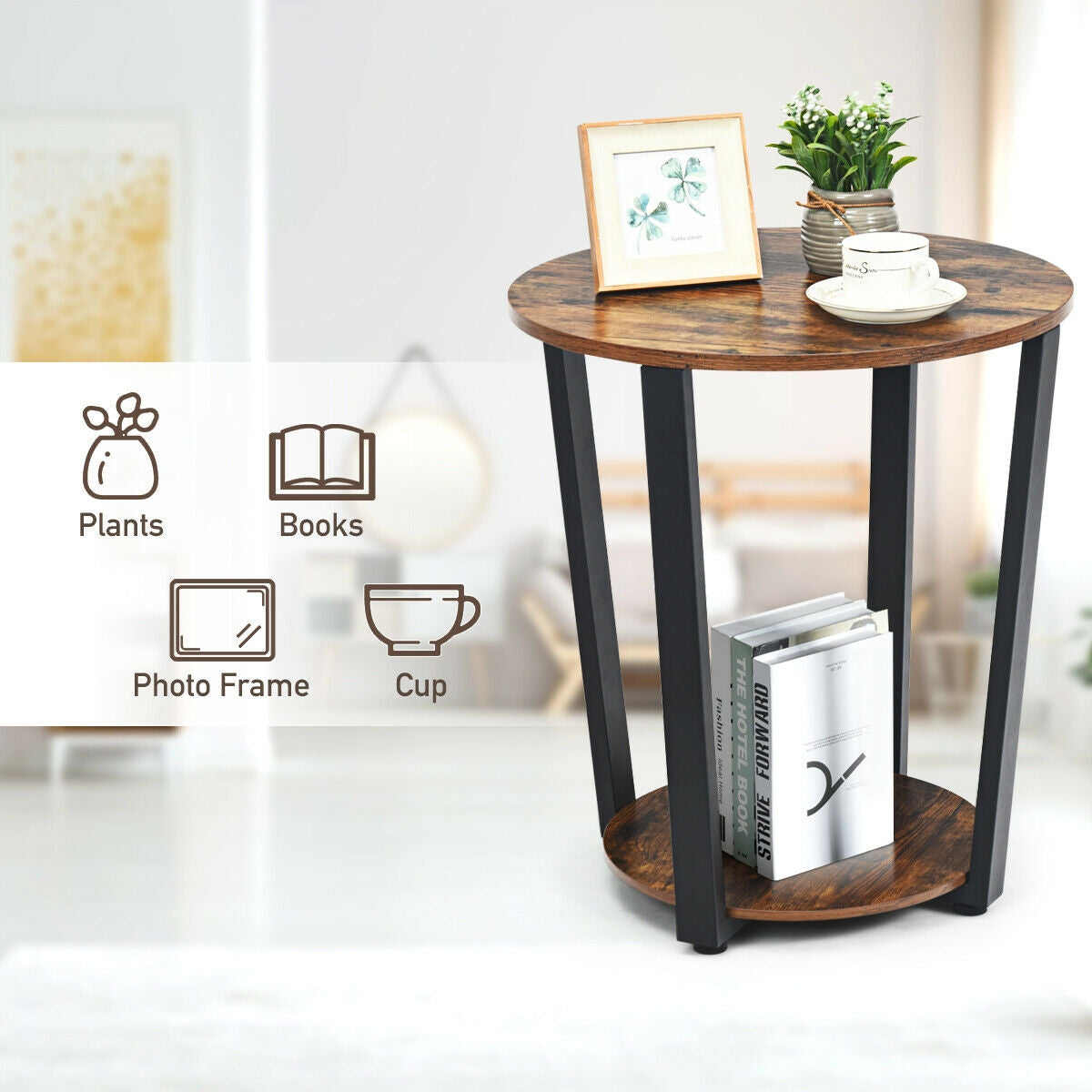 2-Tier Round End Table with Storage Shelf and Metal Frame-Brown