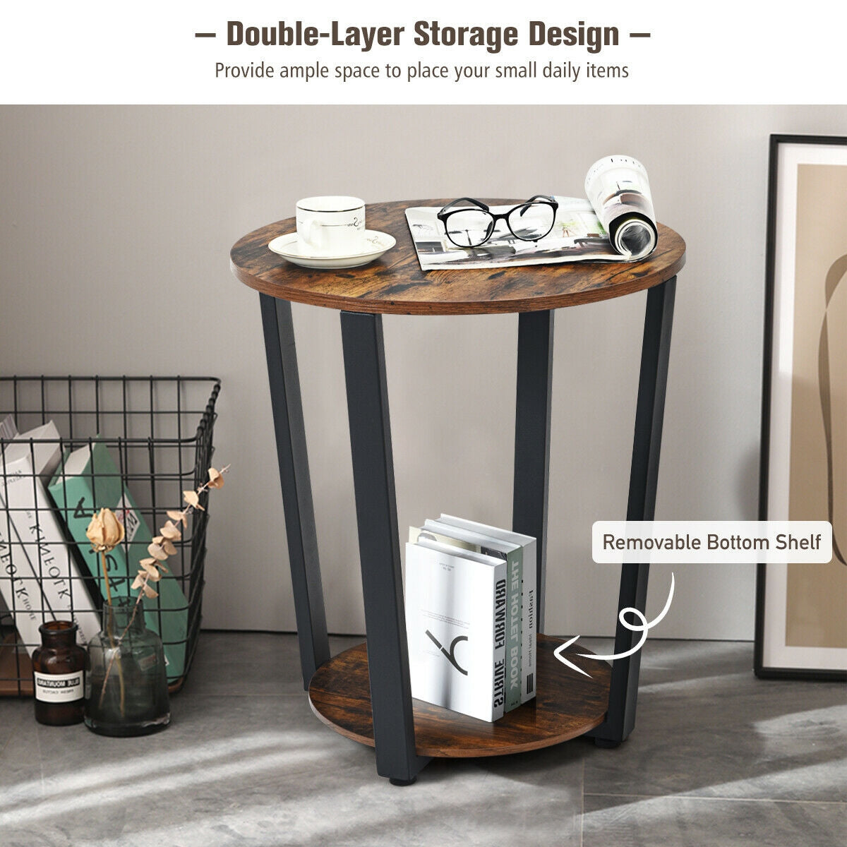 2-Tier Round End Table with Storage Shelf and Metal Frame-Brown