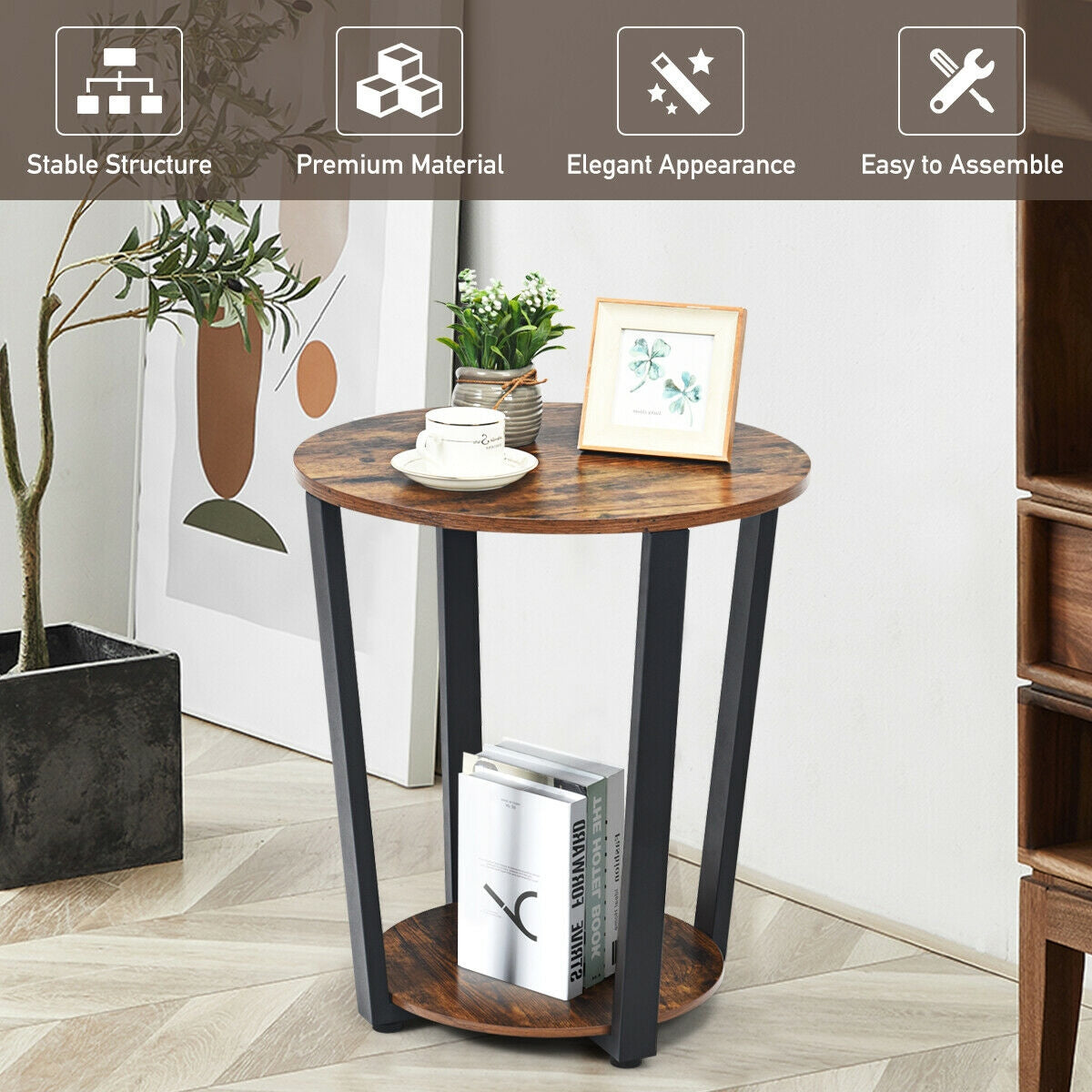 2-Tier Round End Table with Storage Shelf and Metal Frame-Brown