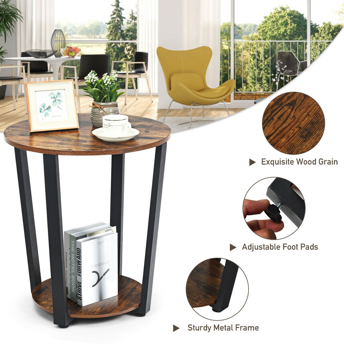 2-Tier Round End Table with Storage Shelf and Metal Frame-Brown