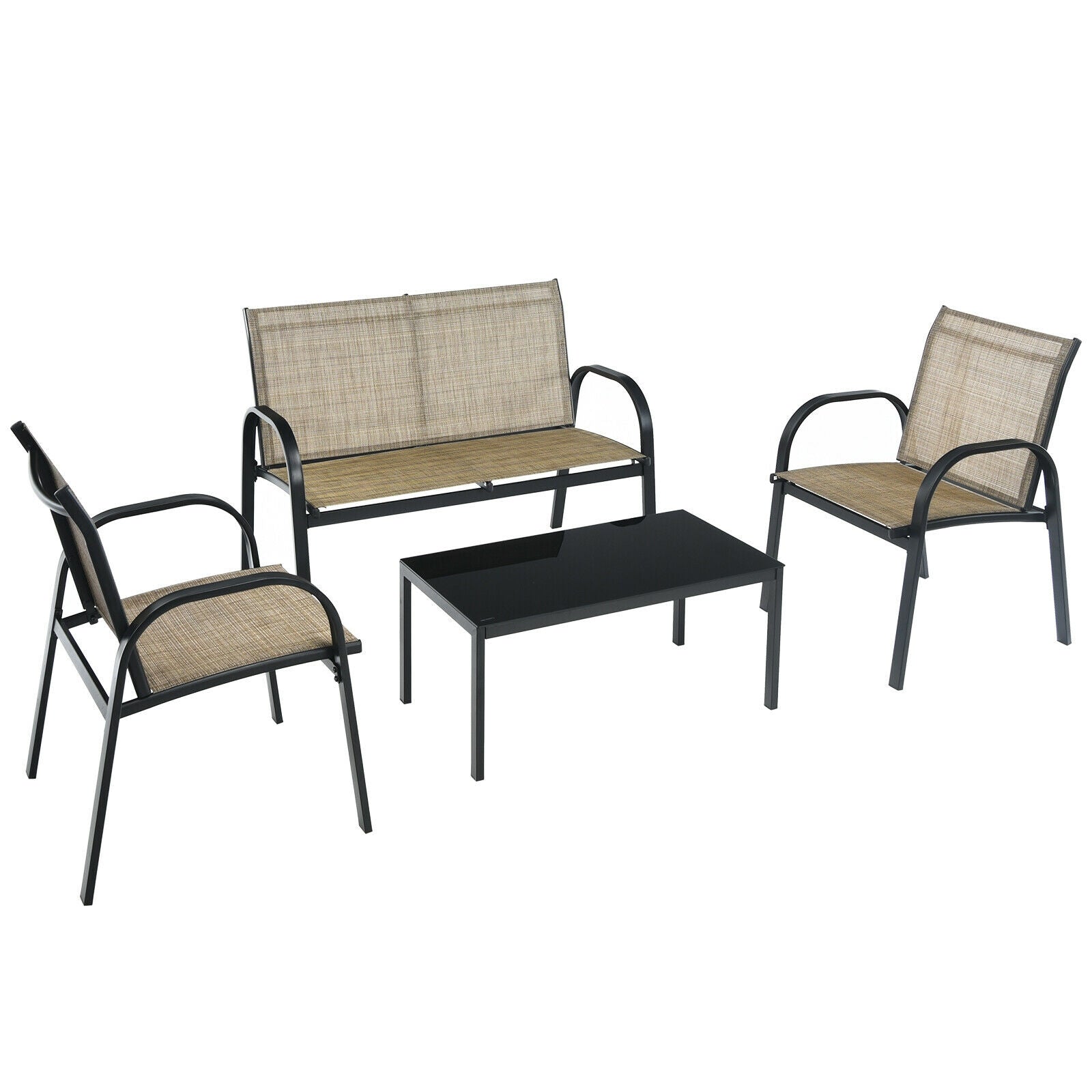 4 Pieces Patio Furniture Set with Glass Top Coffee Table-Brown