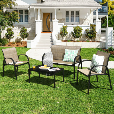 4 Pieces Patio Furniture Set with Glass Top Coffee Table-BrownÂ 
