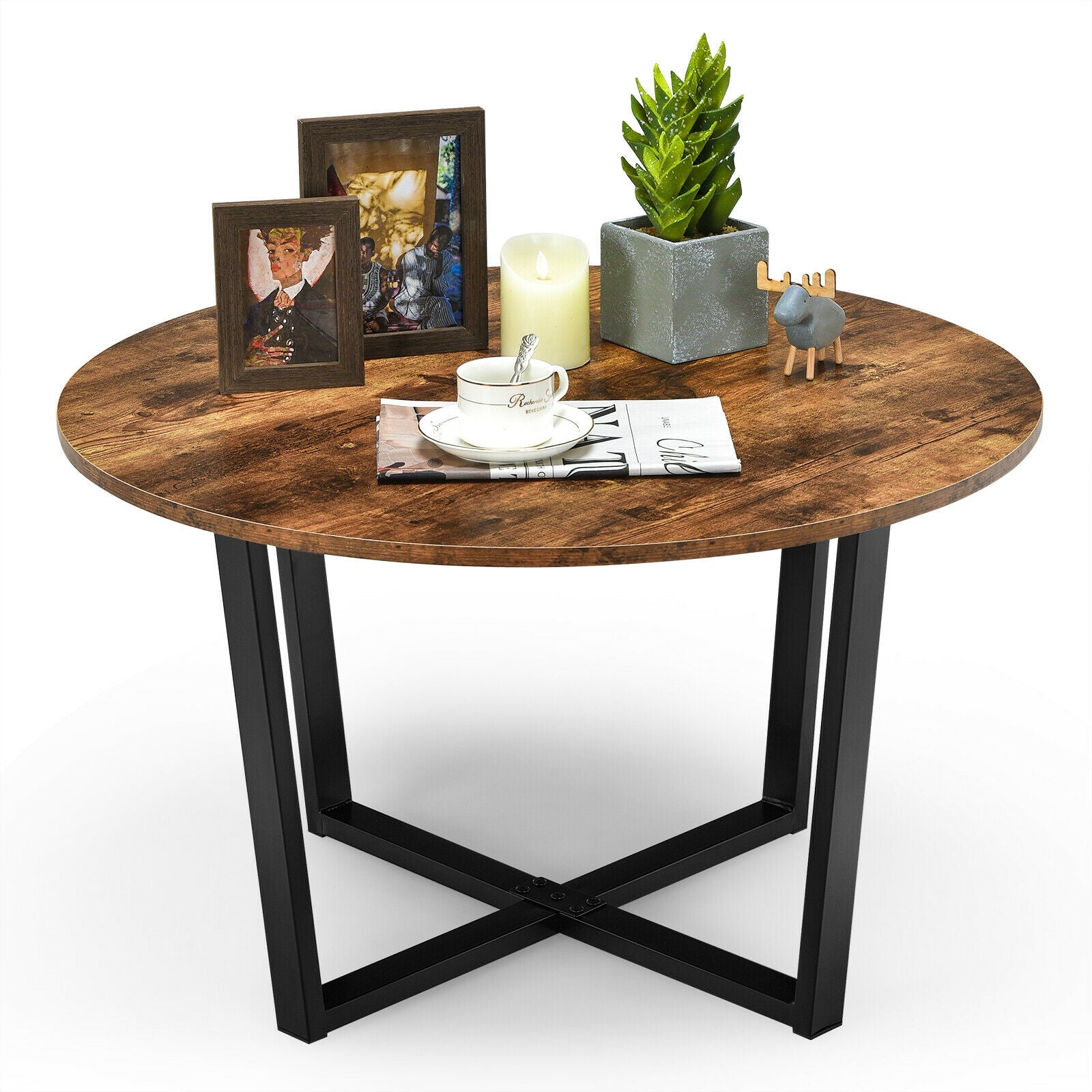 Round Industrial Style Cocktail Side Coffee Table With Metal Frame-Brown