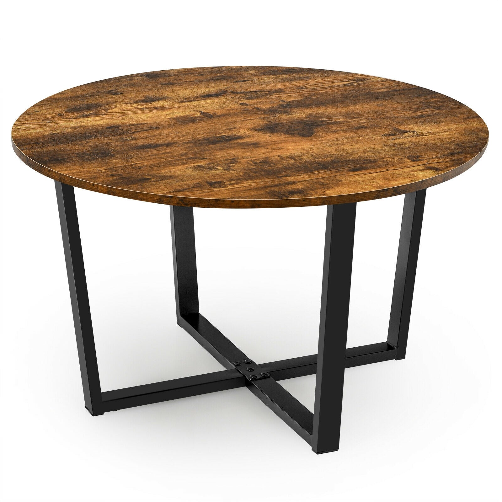 Round Industrial Style Cocktail Side Coffee Table With Metal Frame-Brown