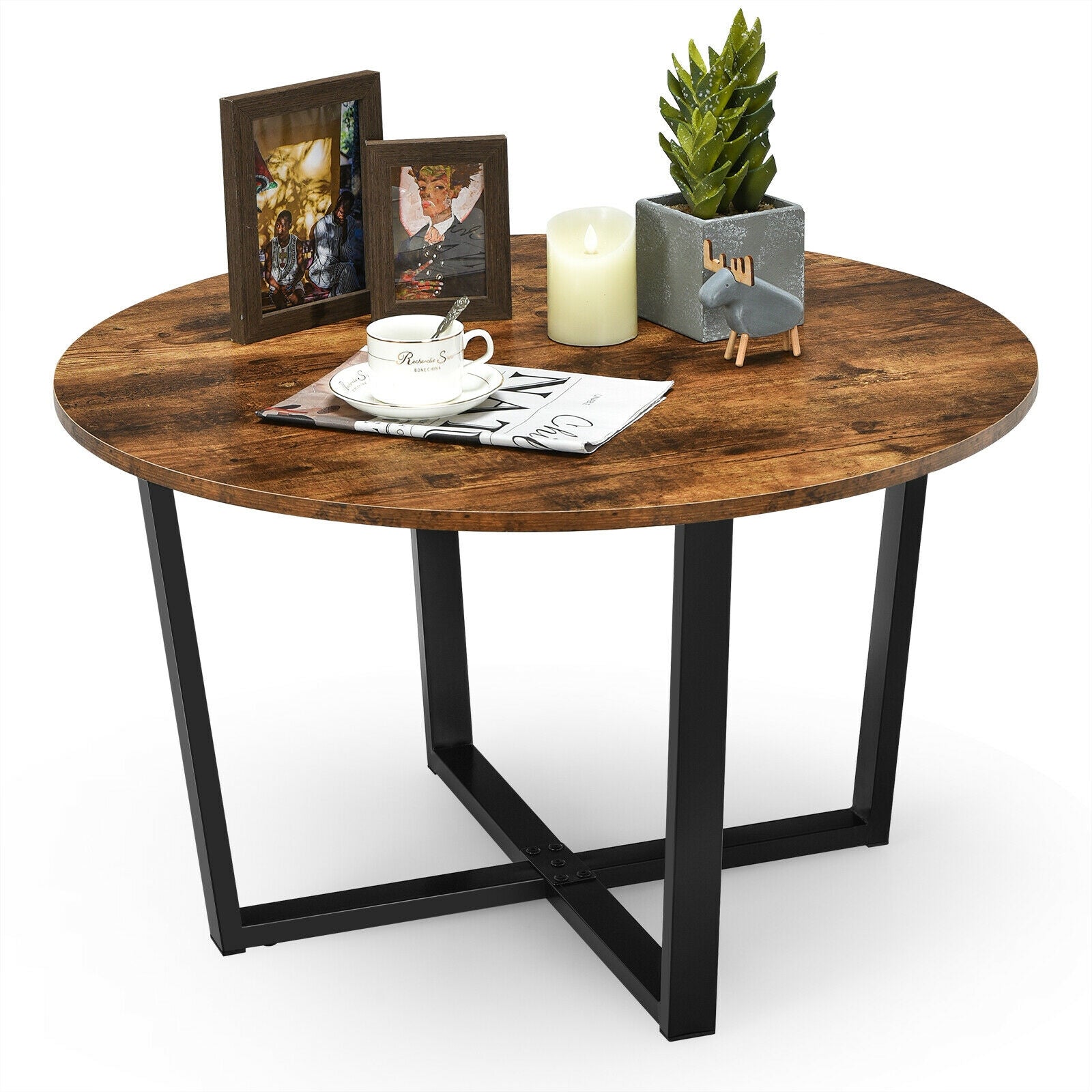 Round Industrial Style Cocktail Side Coffee Table With Metal Frame-Brown