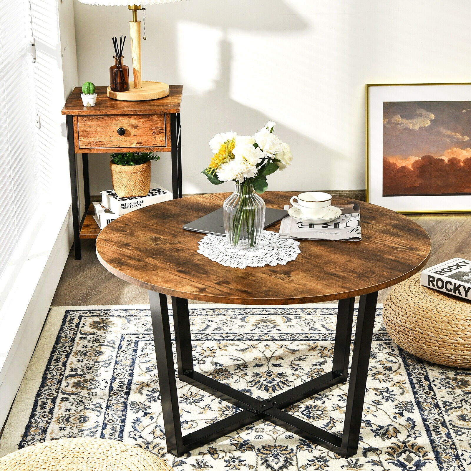 Round Industrial Style Cocktail Side Coffee Table With Metal Frame-Brown