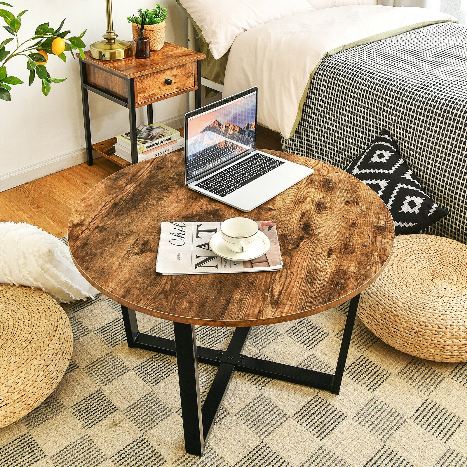 Round Industrial Style Cocktail Side Coffee Table With Metal Frame-Brown