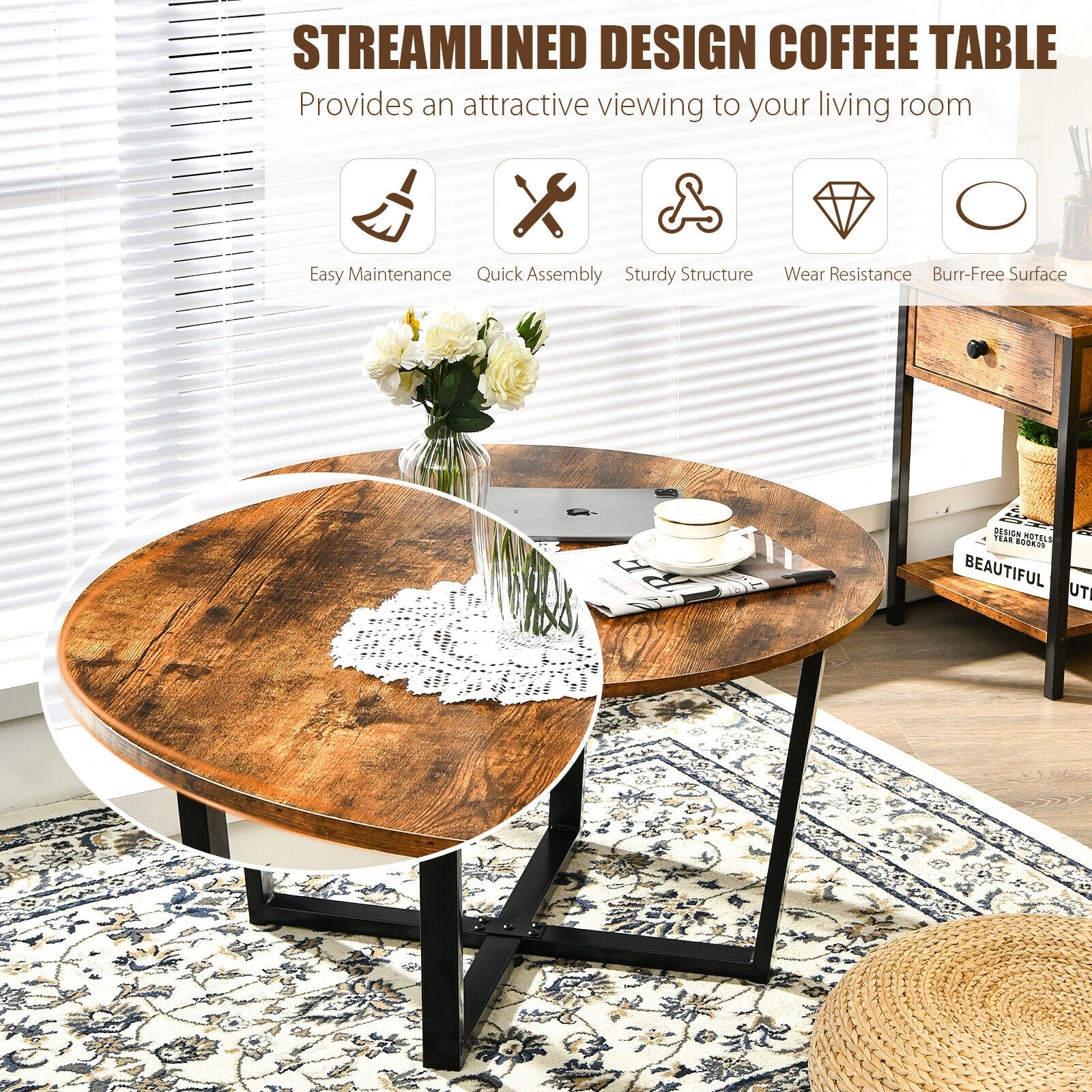 Round Industrial Style Cocktail Side Coffee Table With Metal Frame-Brown