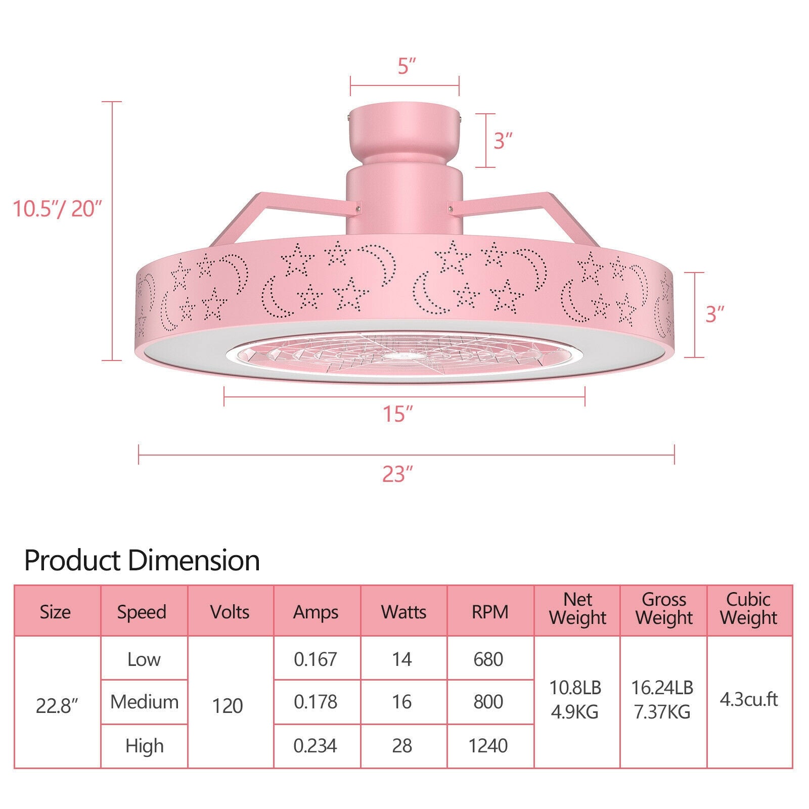 23 Inch Ceiling Fan with LED Light and Remote Control-Pink