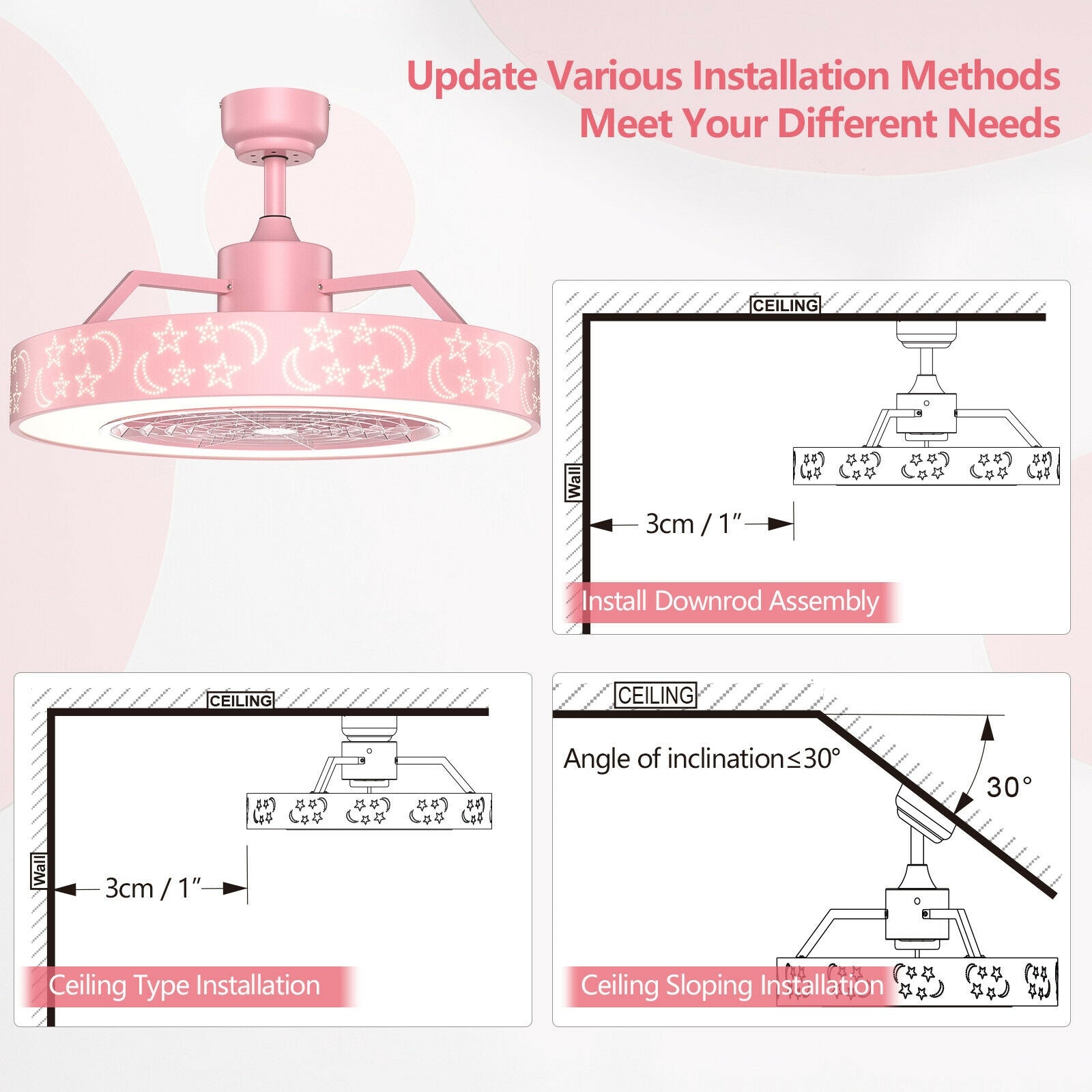 23 Inch Ceiling Fan with LED Light and Remote Control-Pink