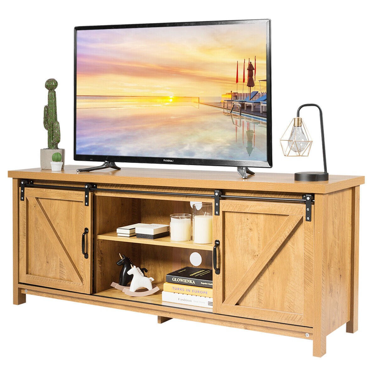 TV Stand Media Center Console Cabinet with Sliding Barn Door- Golden