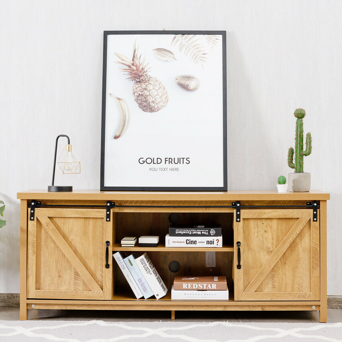 TV Stand Media Center Console Cabinet with Sliding Barn Door- Golden