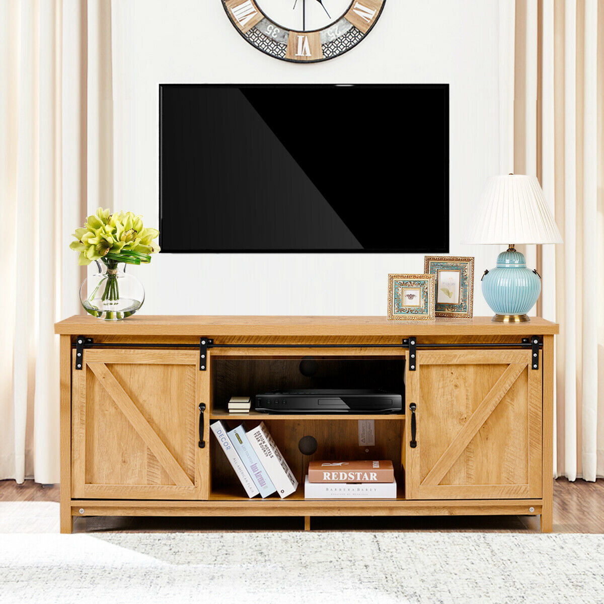 TV Stand Media Center Console Cabinet with Sliding Barn Door- Golden