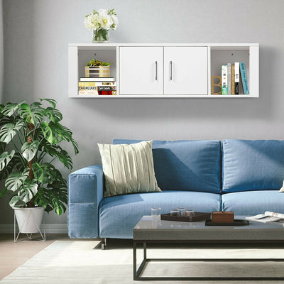 Wall Mounted Floating 2 Door Desk Hutch Storage Shelves-WhiteÂ 