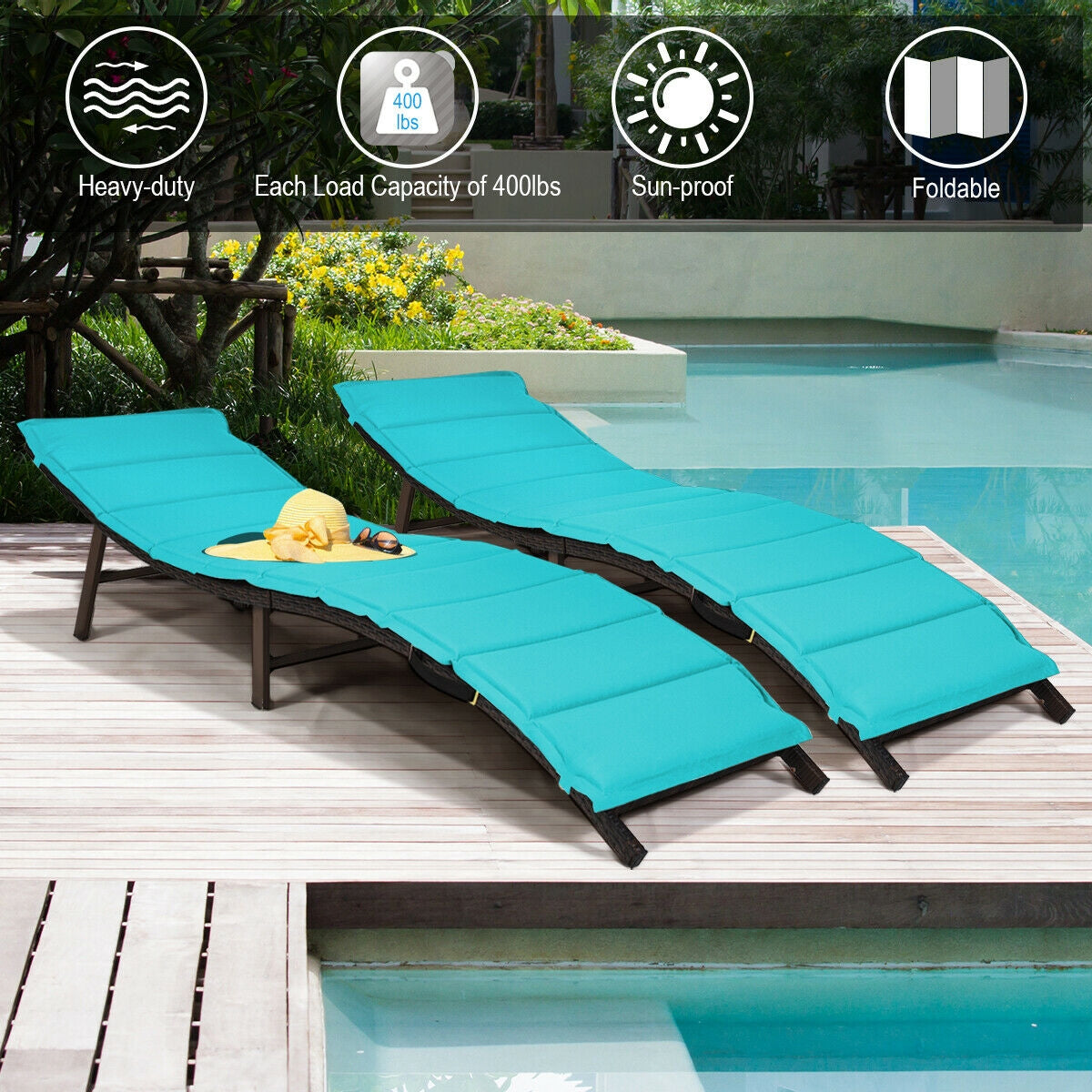 2Pcs Folding Patio Lounger Chair-Turquoise