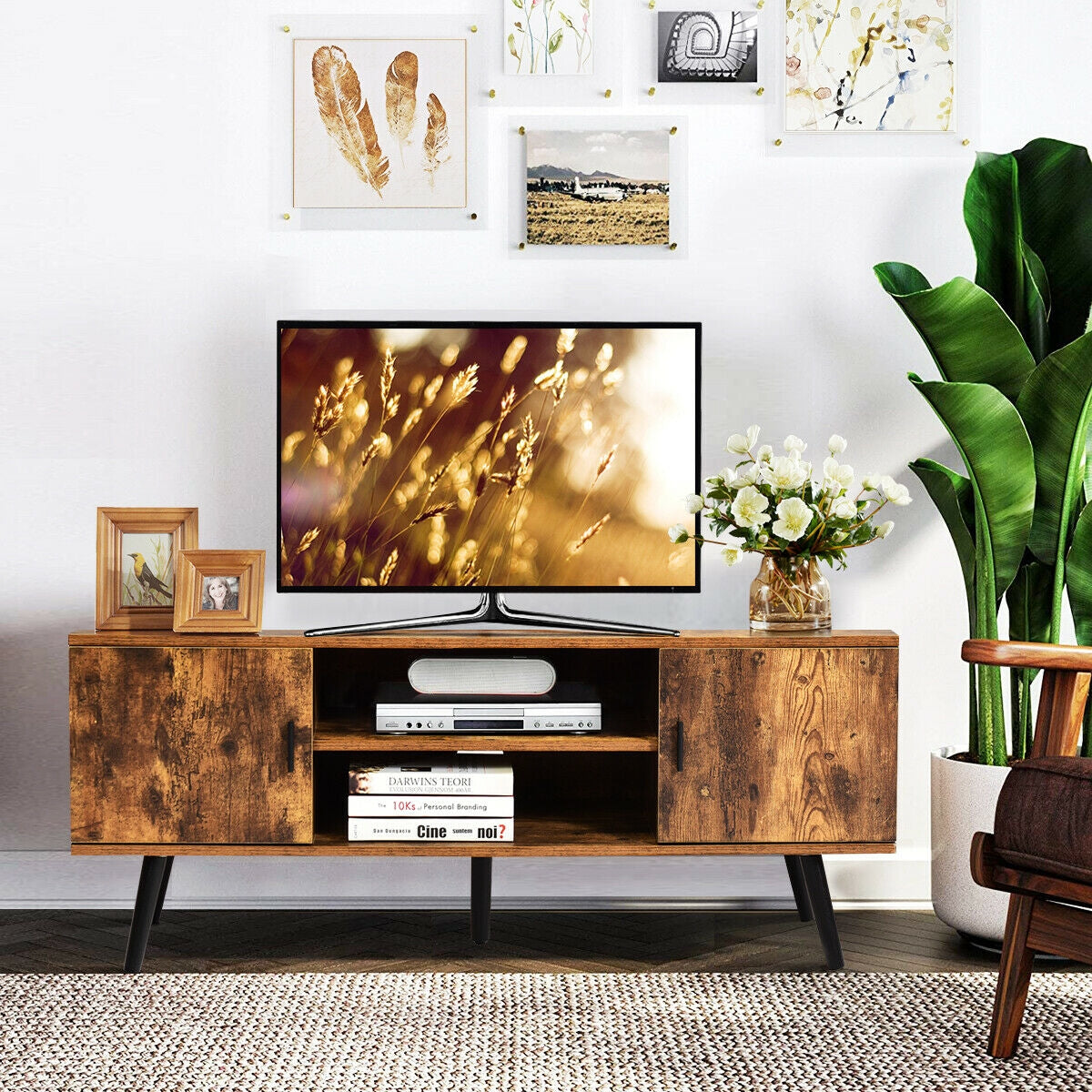 Industrial TV Stand with Storage Cabinets-Rustic Brown