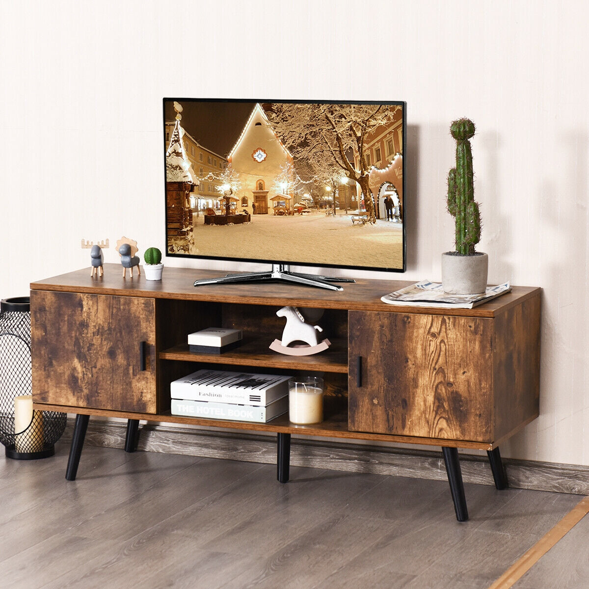 Industrial TV Stand with Storage Cabinets-Rustic Brown