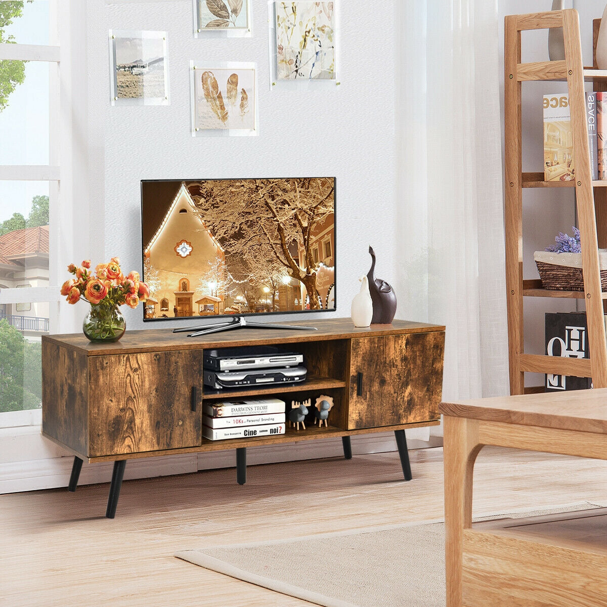 Industrial TV Stand with Storage Cabinets-Rustic Brown