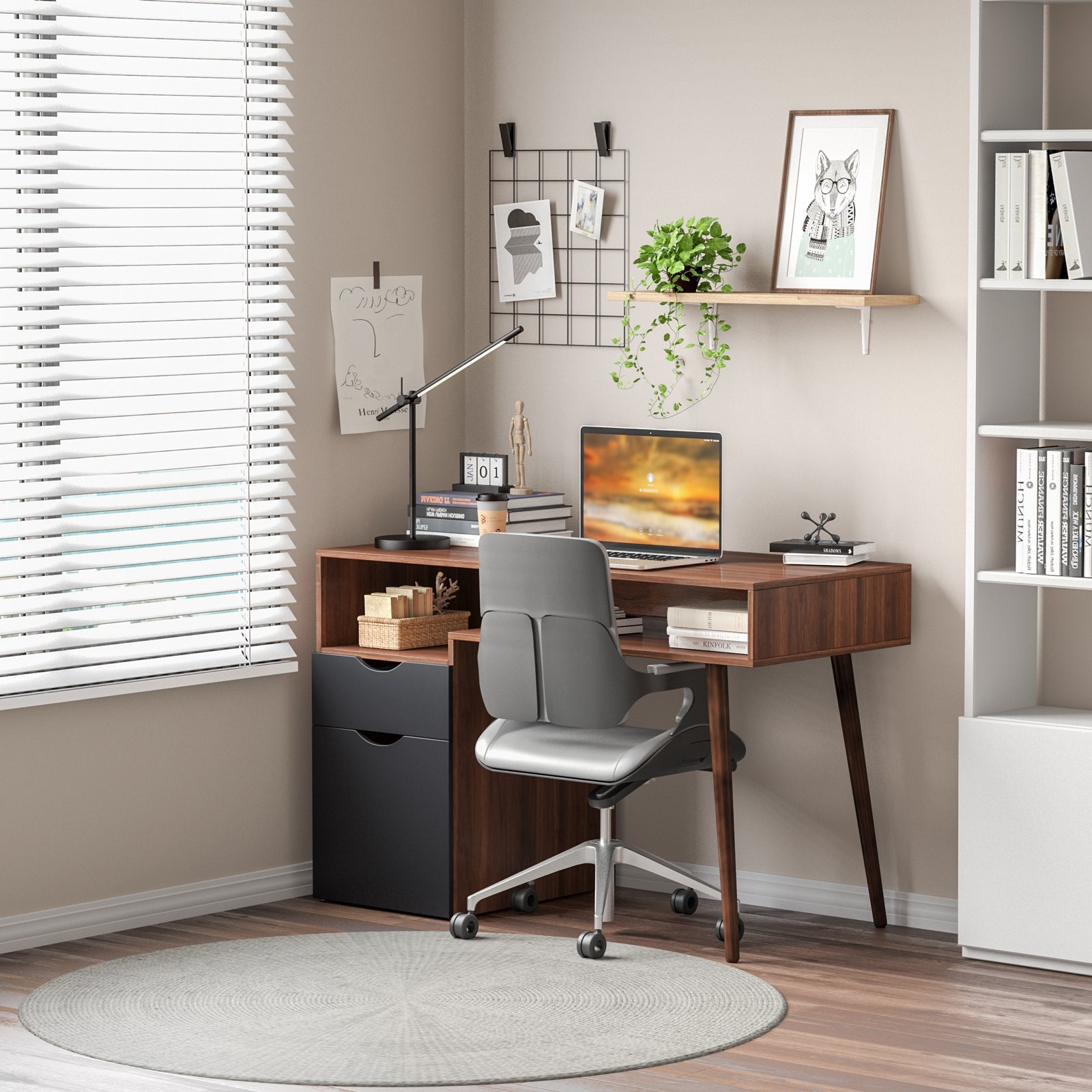 Computer Desk PC Writing Table Drawer and Cabinet with Wood Legs