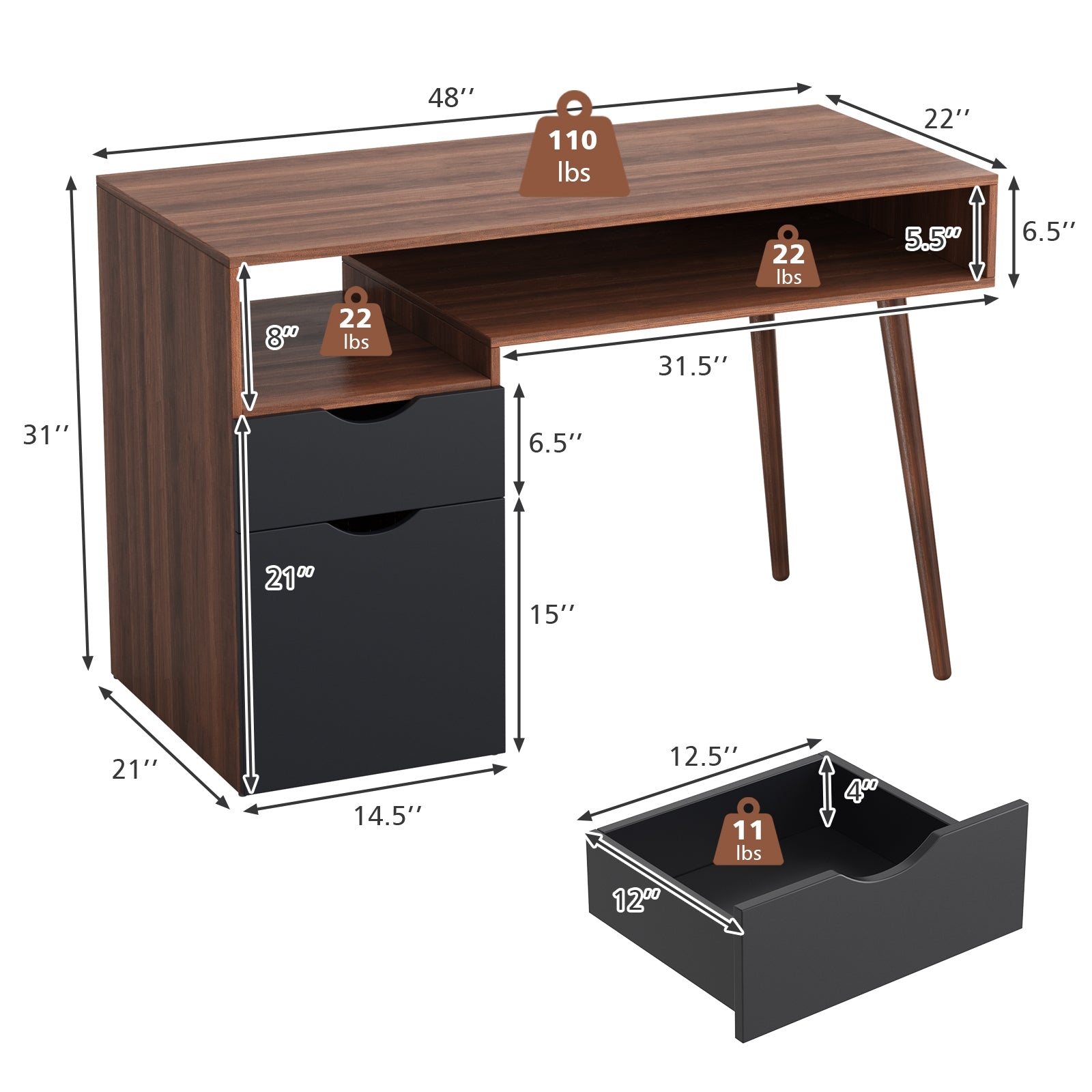 Computer Desk PC Writing Table Drawer and Cabinet with Wood Legs