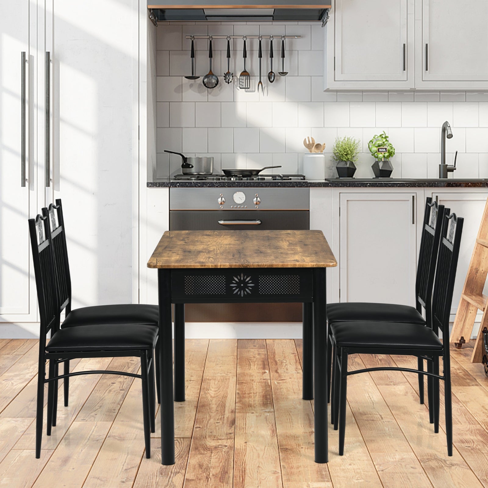 5 Pcs Dining Set Wood Metal Table and 4 Chairs with Cushions-BlackÂ 