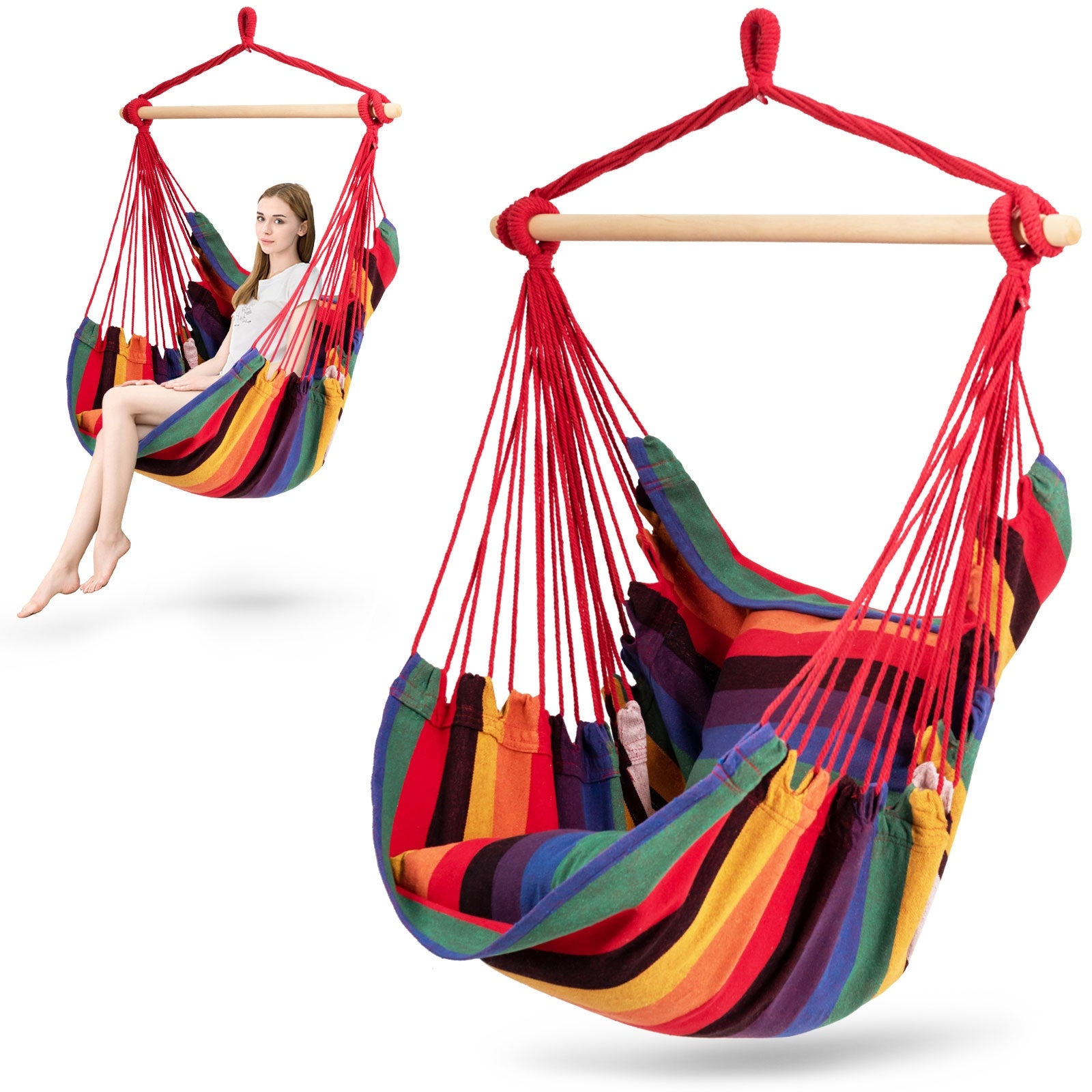 4 Color Deluxe Hammock Rope Chair Porch Yard Tree Hanging Air Swing Outdoor-Red