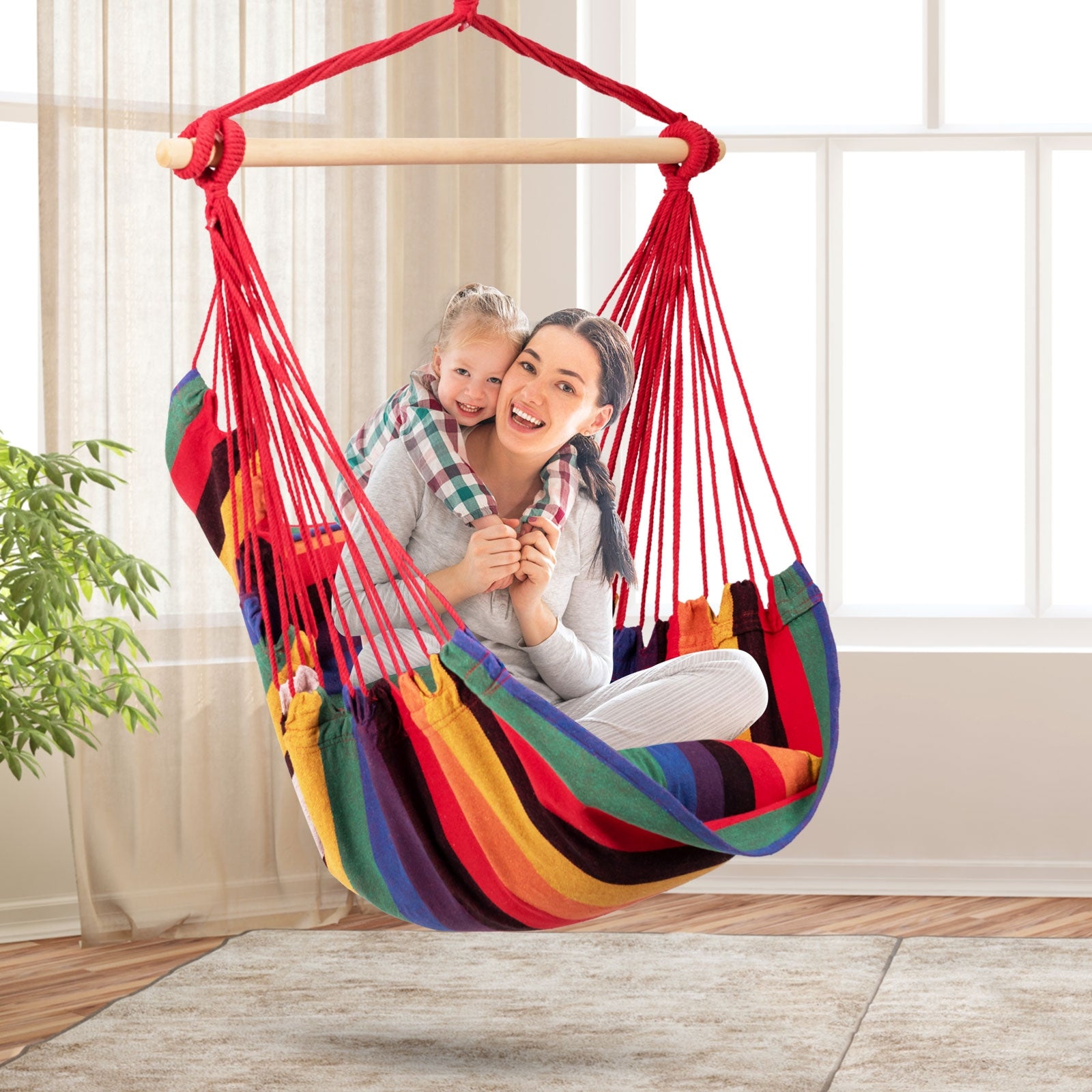 4 Color Deluxe Hammock Rope Chair Porch Yard Tree Hanging Air Swing Outdoor-Red