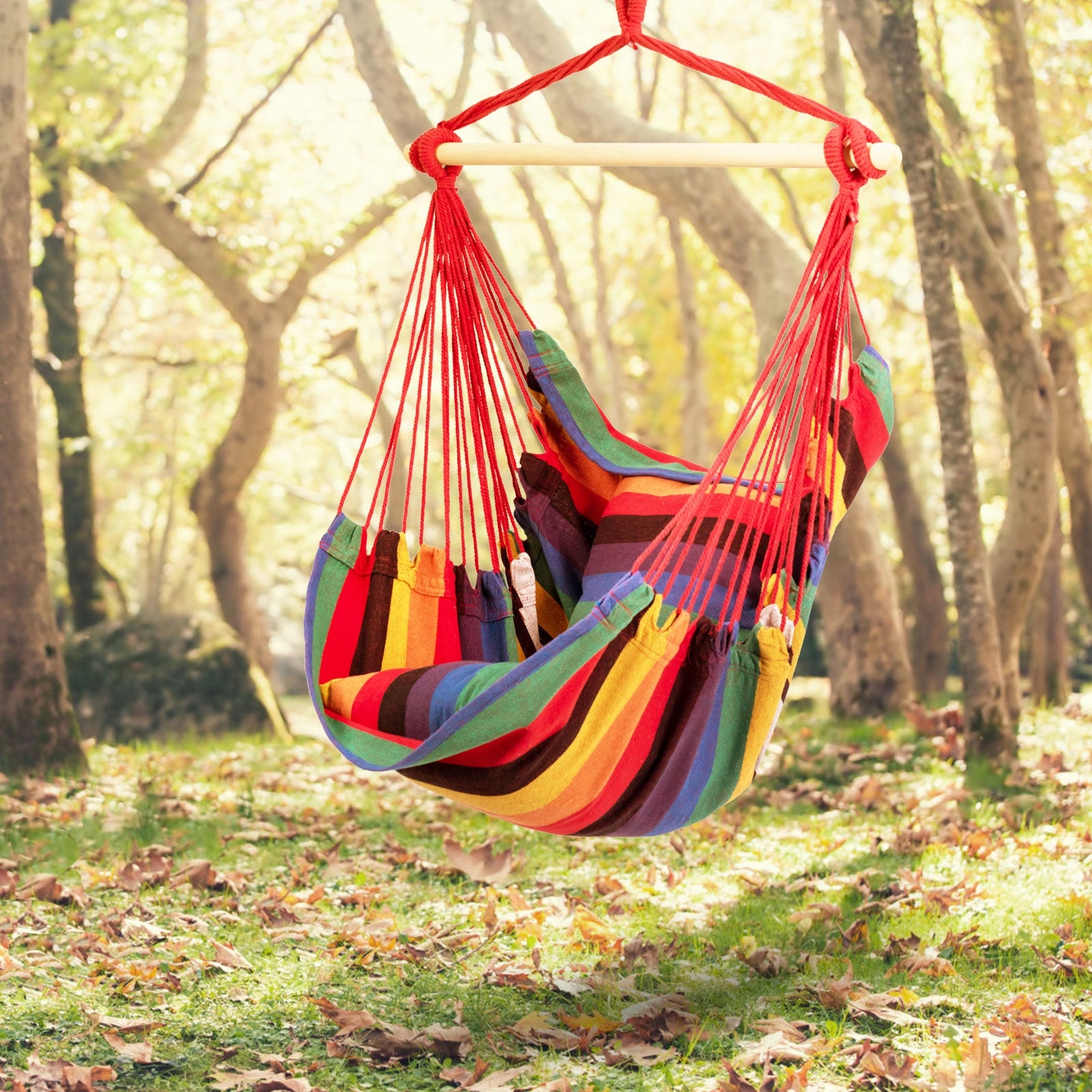 4 Color Deluxe Hammock Rope Chair Porch Yard Tree Hanging Air Swing Outdoor-Red