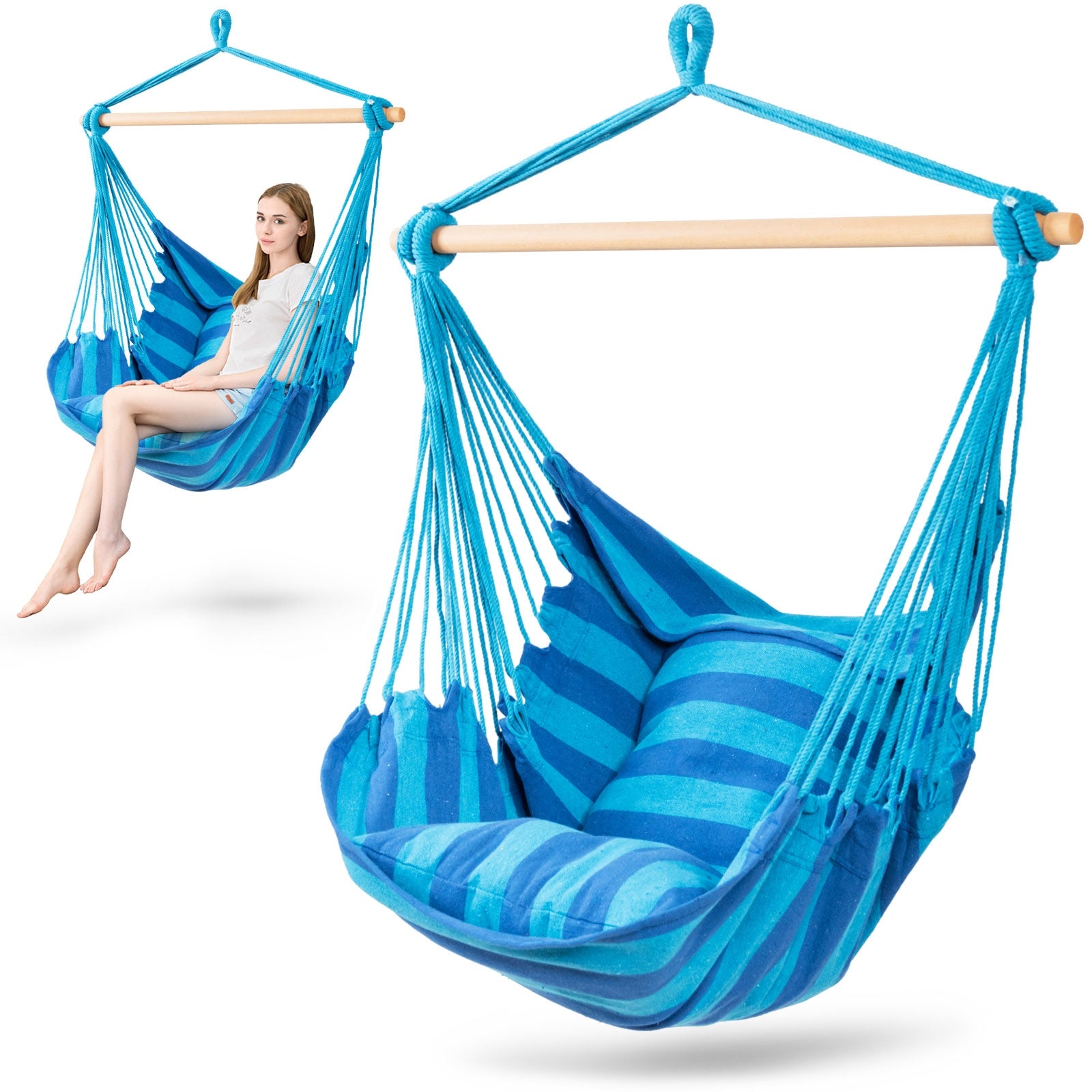 4 Color Deluxe Hammock Rope Chair Porch Yard Tree Hanging Air Swing Outdoor-Blue