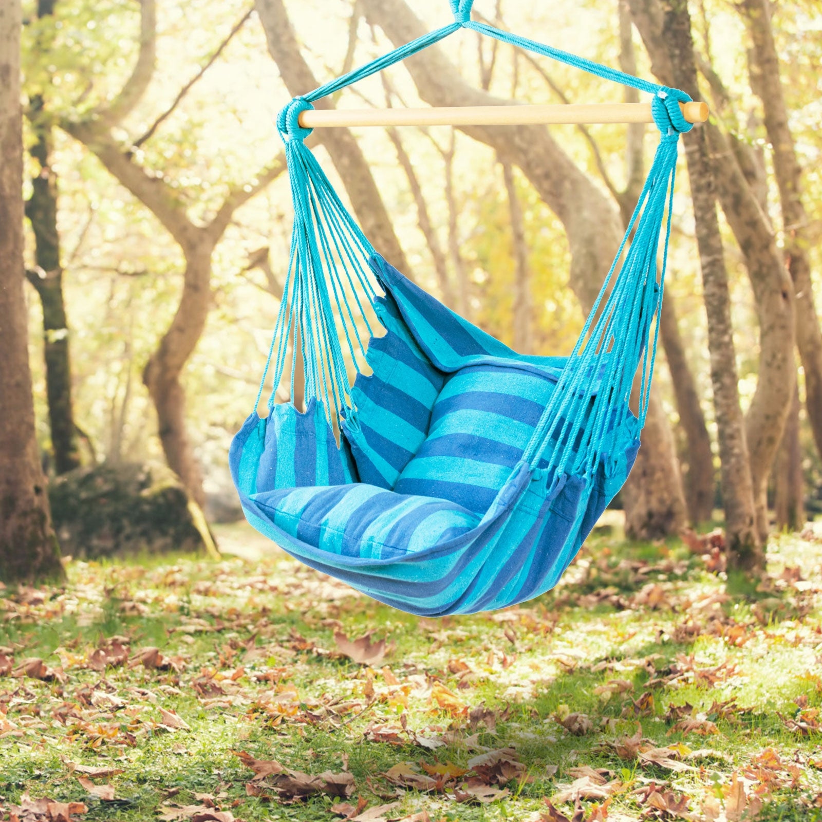 4 Color Deluxe Hammock Rope Chair Porch Yard Tree Hanging Air Swing Outdoor-Blue