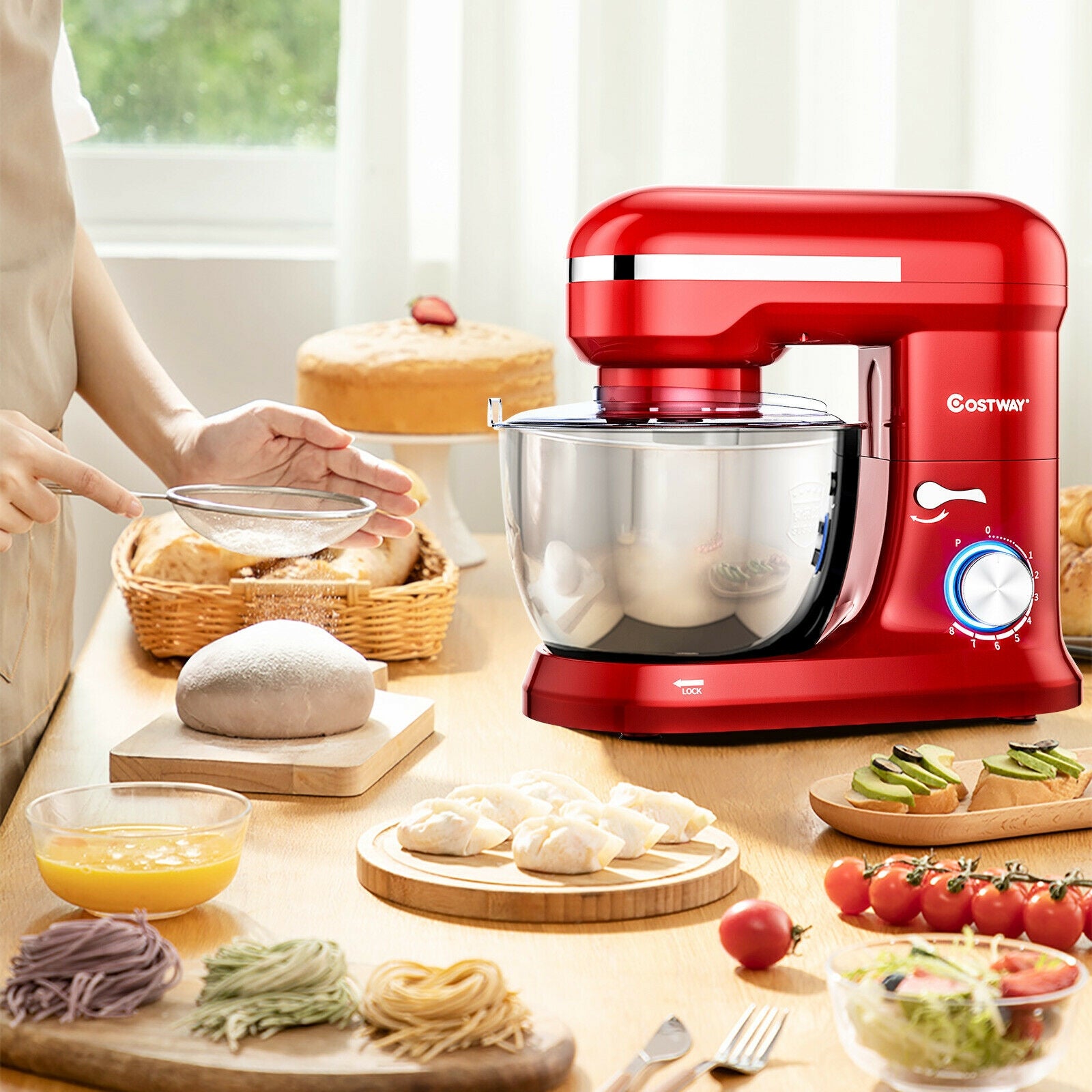 4.8 Qt 8-speed Electric Food Mixer with Dough Hook Beater-Red