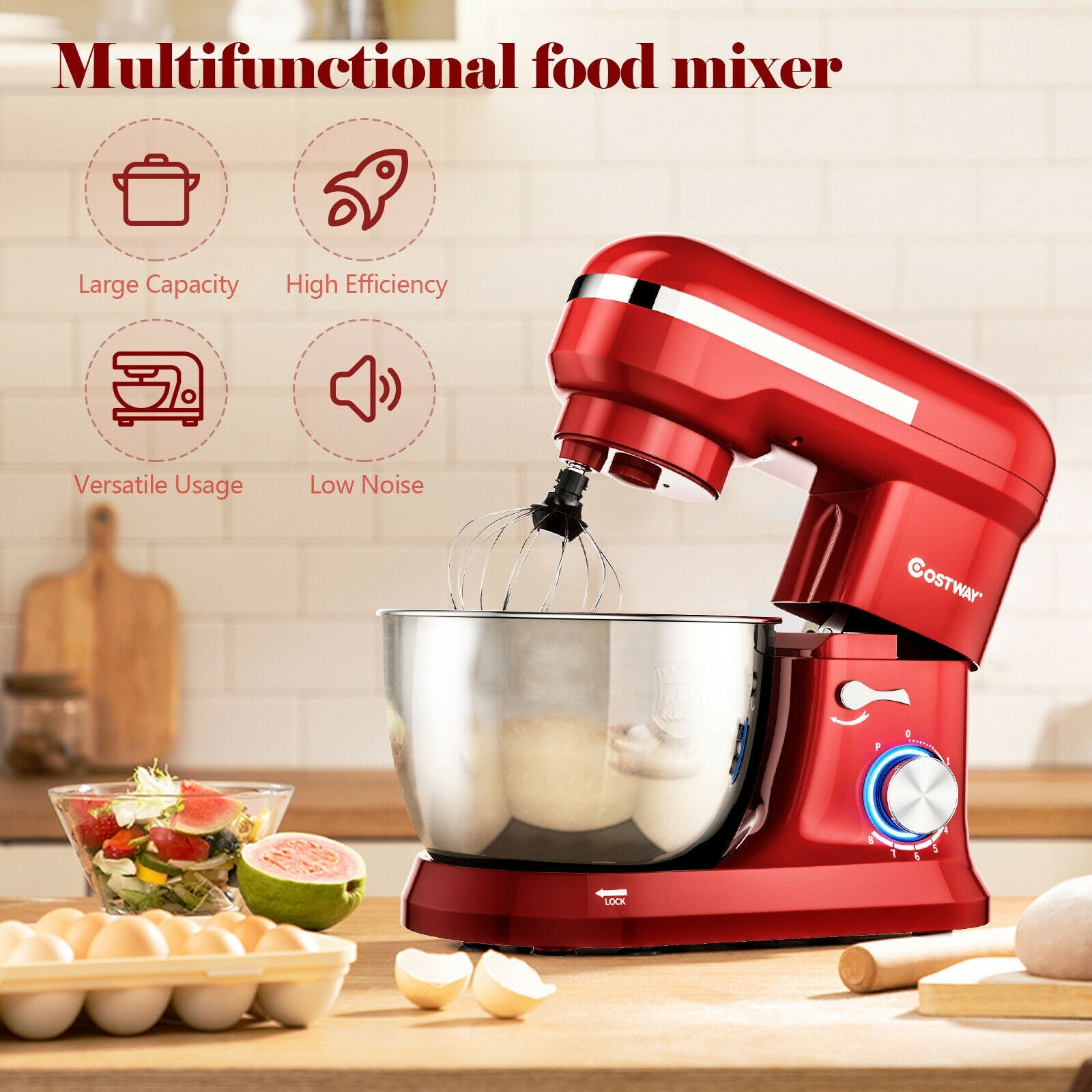 4.8 Qt 8-speed Electric Food Mixer with Dough Hook Beater-Red