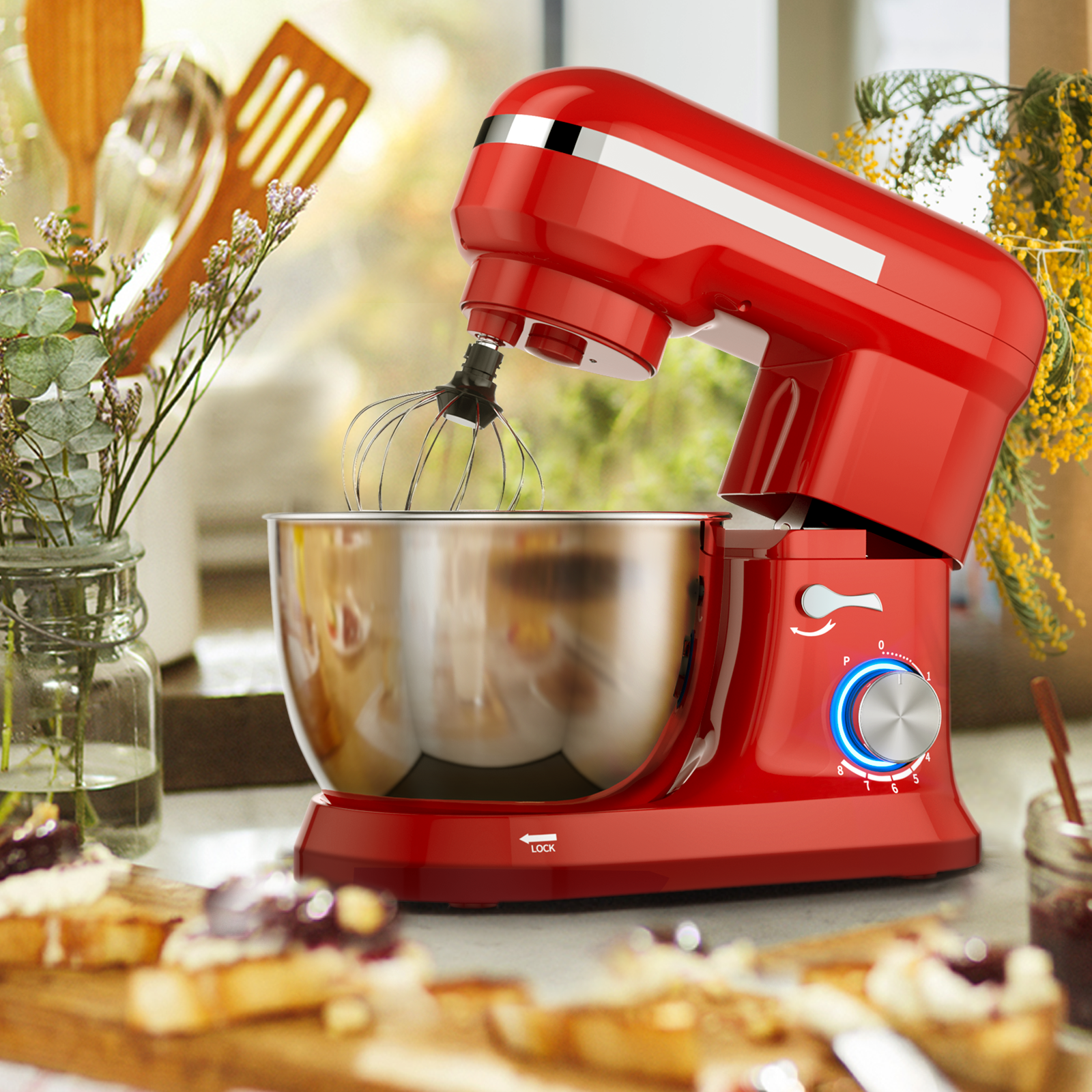 4.8 Qt 8-speed Electric Food Mixer with Dough Hook Beater-Red