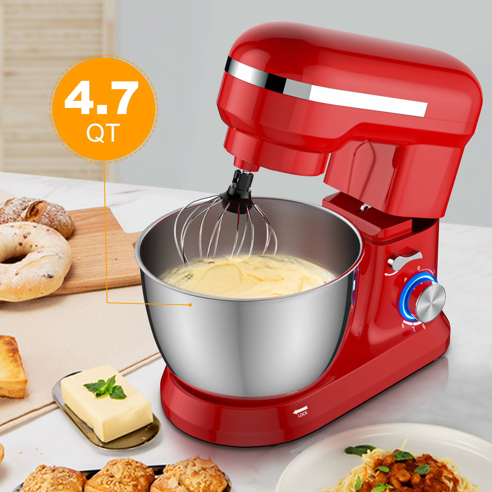 4.8 Qt 8-speed Electric Food Mixer with Dough Hook Beater-Red