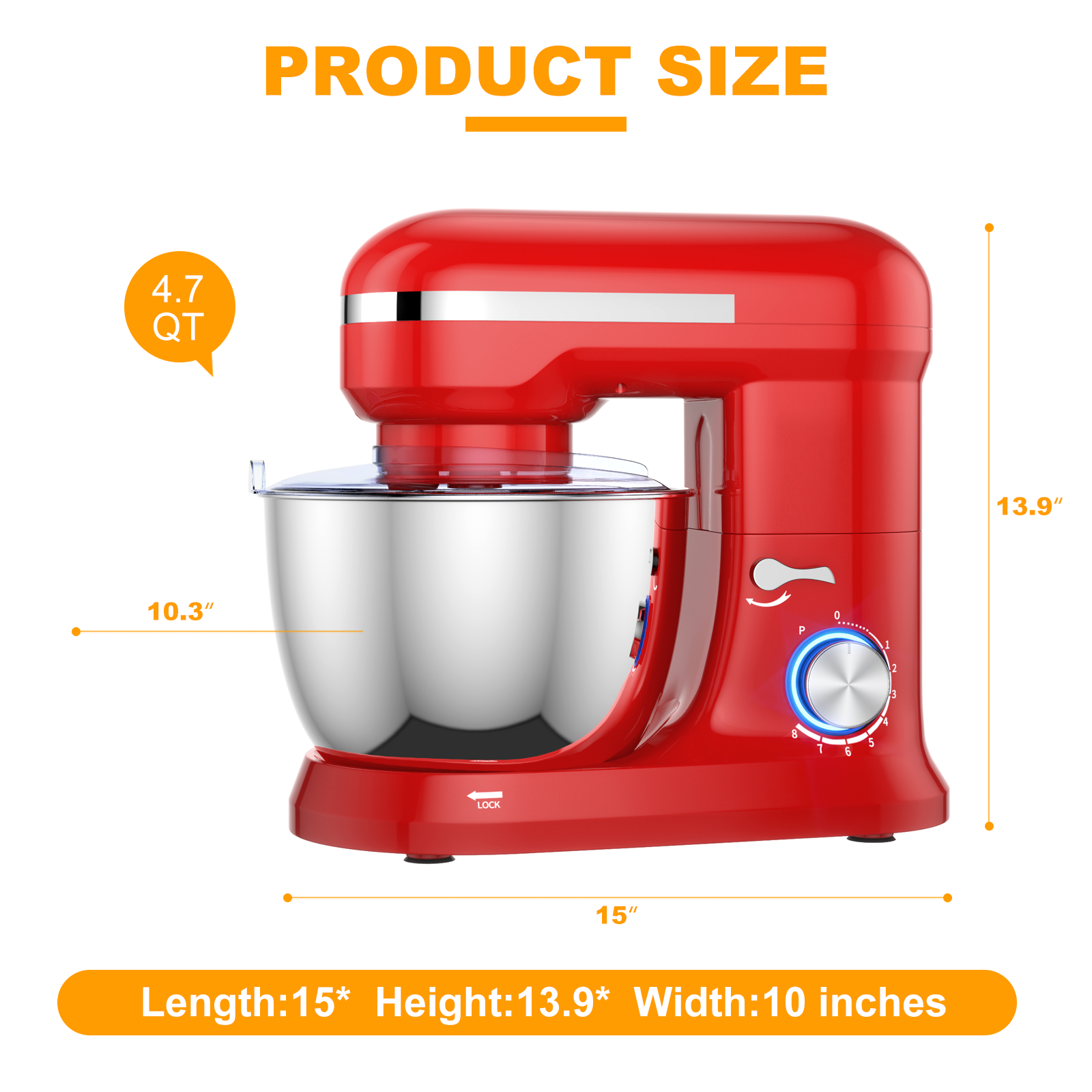 4.8 Qt 8-speed Electric Food Mixer with Dough Hook Beater-Red