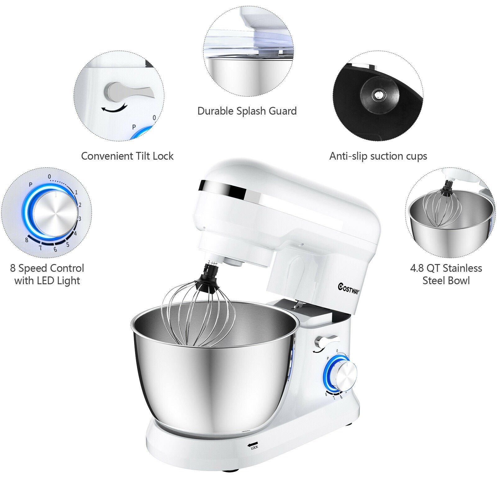 4.8 Qt 8-speed Electric Food Mixer with Dough Hook Beater-White