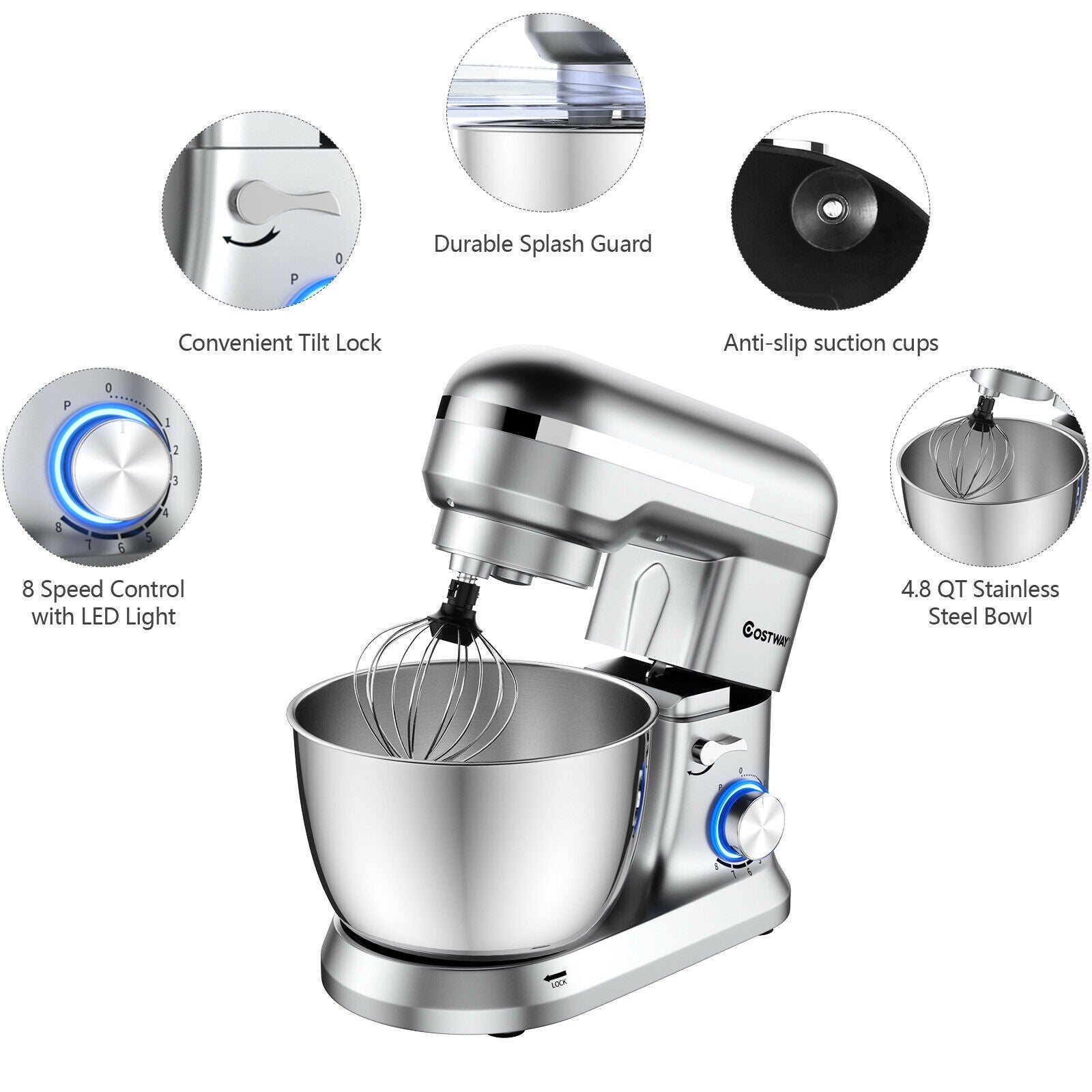 4.8 Qt 8-speed Electric Food Mixer with Dough Hook Beater-Silver