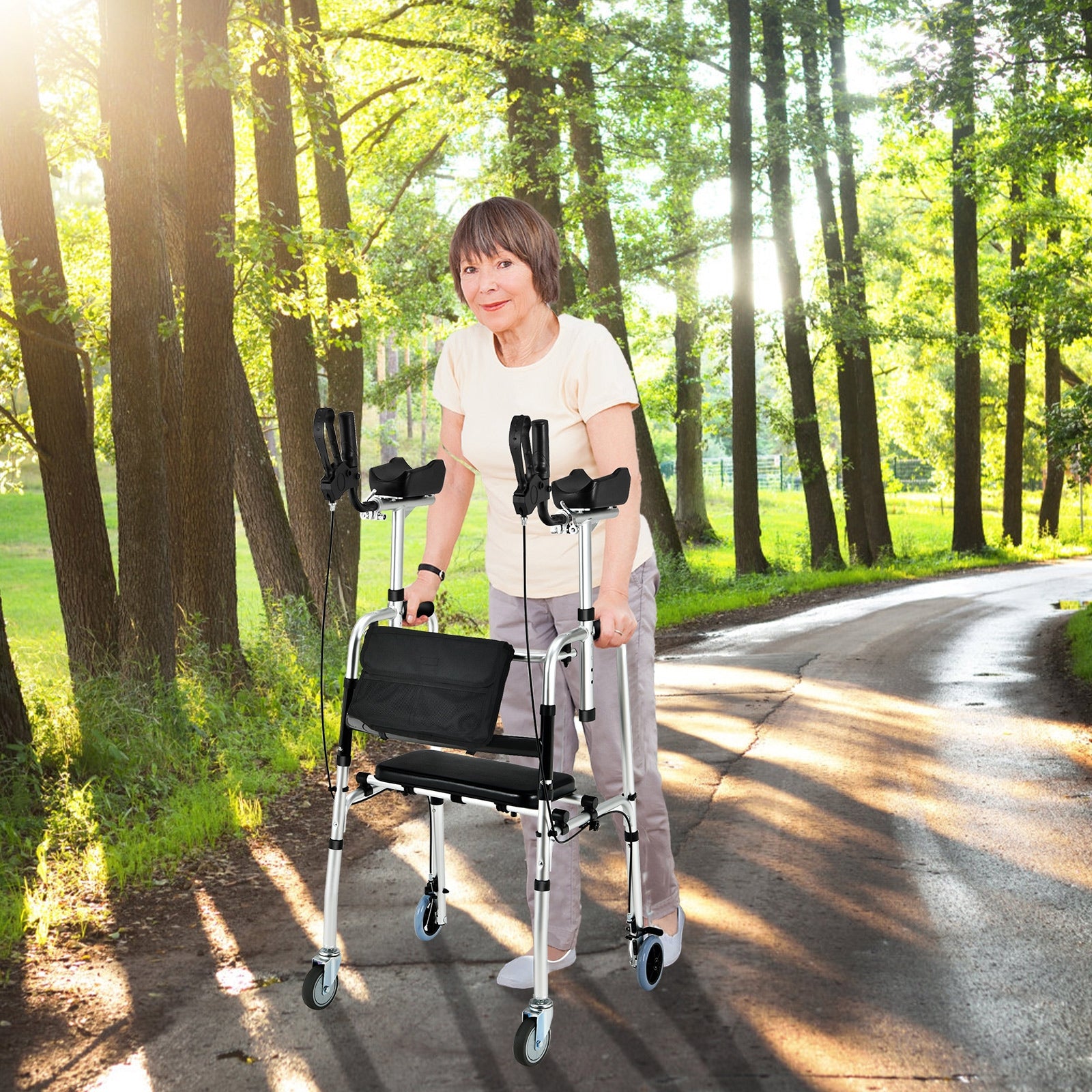 Folding Auxiliary Walker Rollator with Brakes Flip-Up Seat Bag Multifunction-SilverÂ 