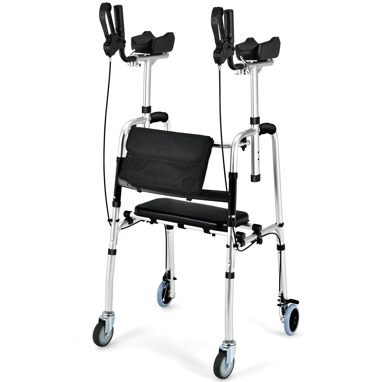 Folding Auxiliary Walker Rollator with Brakes Flip-Up Seat Bag Multifunction-Silver