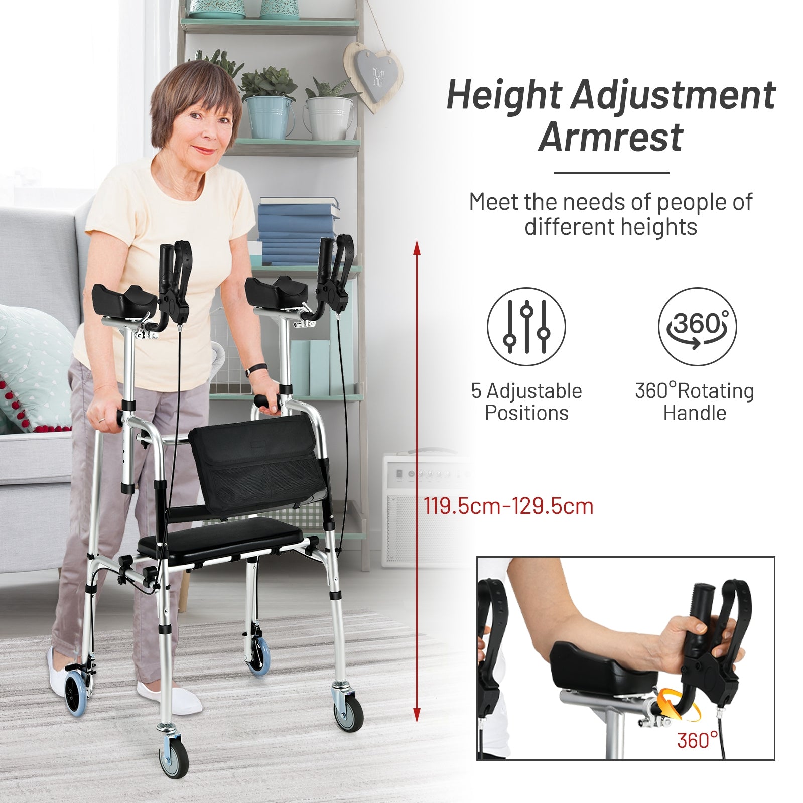 Folding Auxiliary Walker Rollator with Brakes Flip-Up Seat Bag Multifunction-Silver