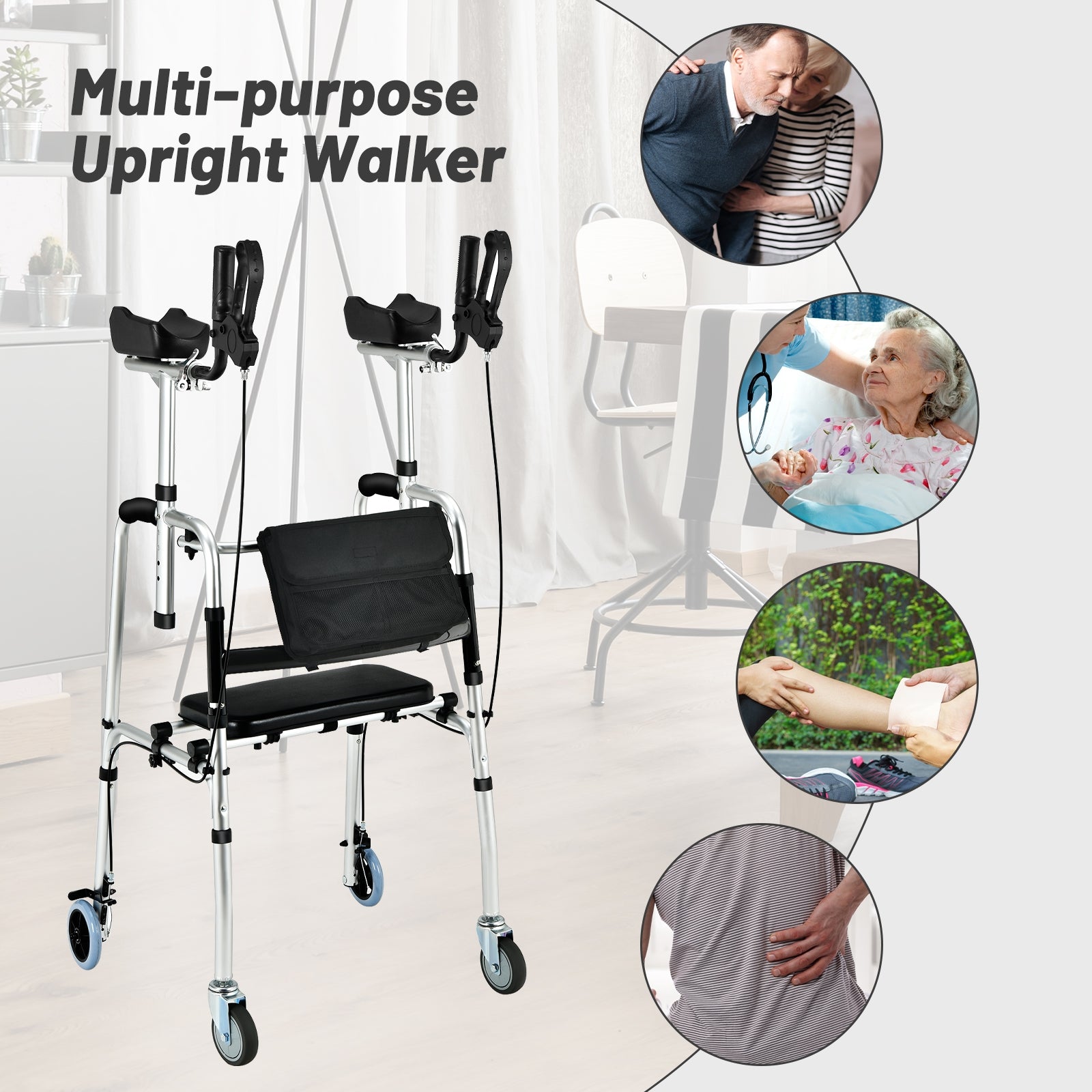 Folding Auxiliary Walker Rollator with Brakes Flip-Up Seat Bag Multifunction-Silver