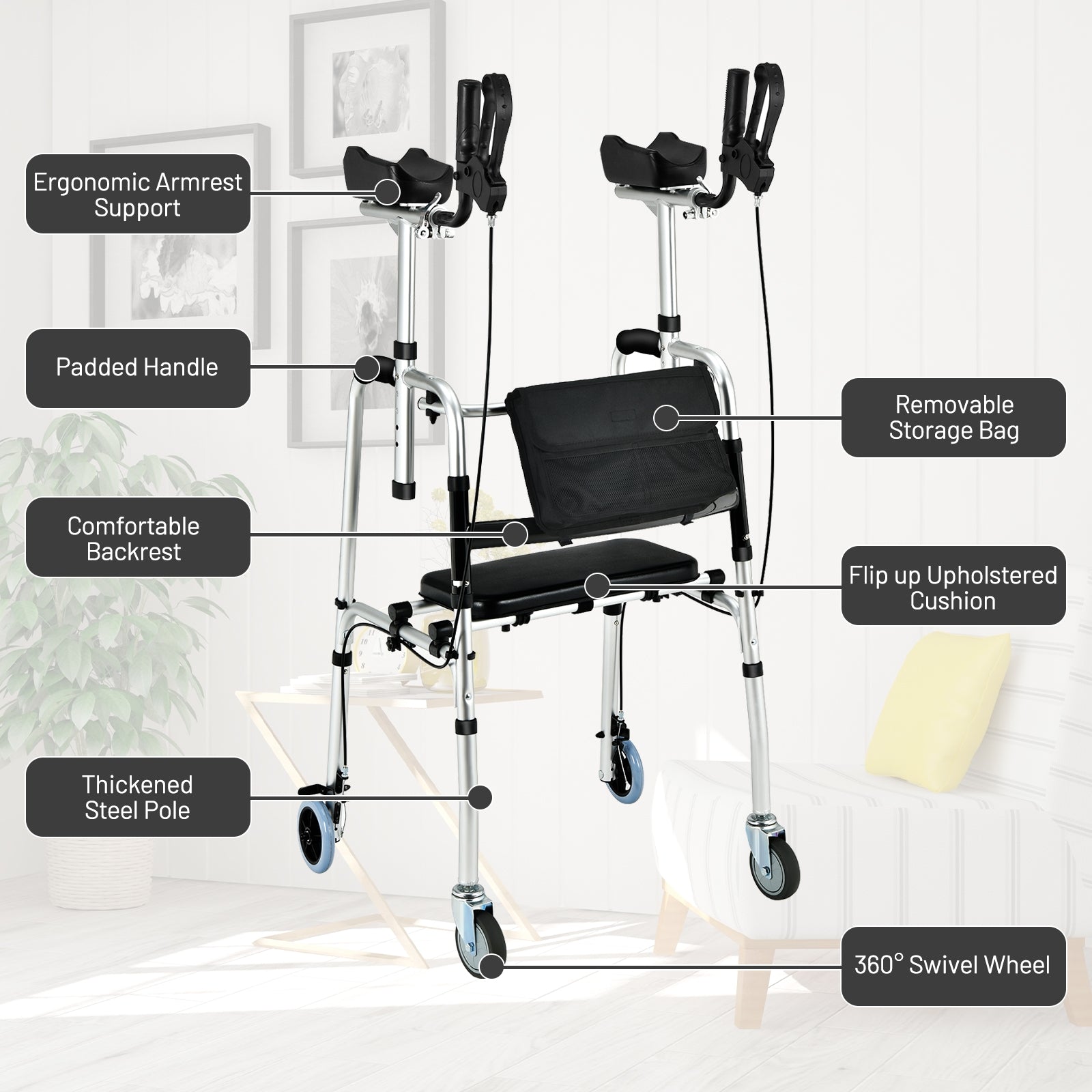 Folding Auxiliary Walker Rollator with Brakes Flip-Up Seat Bag Multifunction-Silver