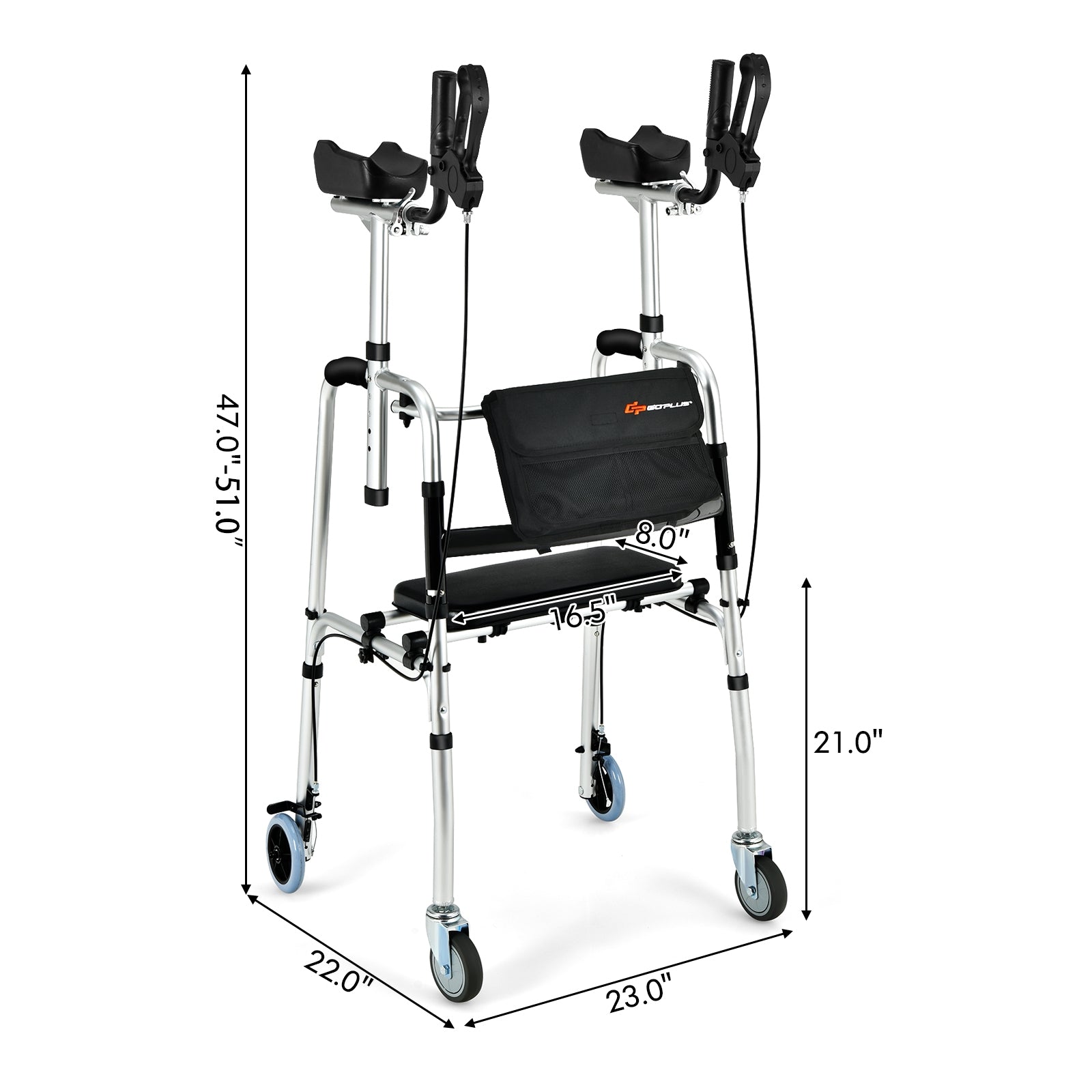 Folding Auxiliary Walker Rollator with Brakes Flip-Up Seat Bag Multifunction-Silver