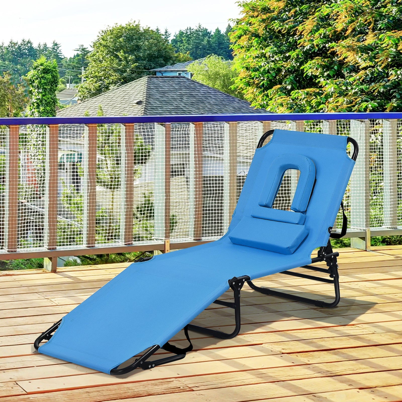 Outdoor Folding Chaise Beach Pool Patio Lounge Chair Bed with Adjustable Back and Hole-BlueÂ 