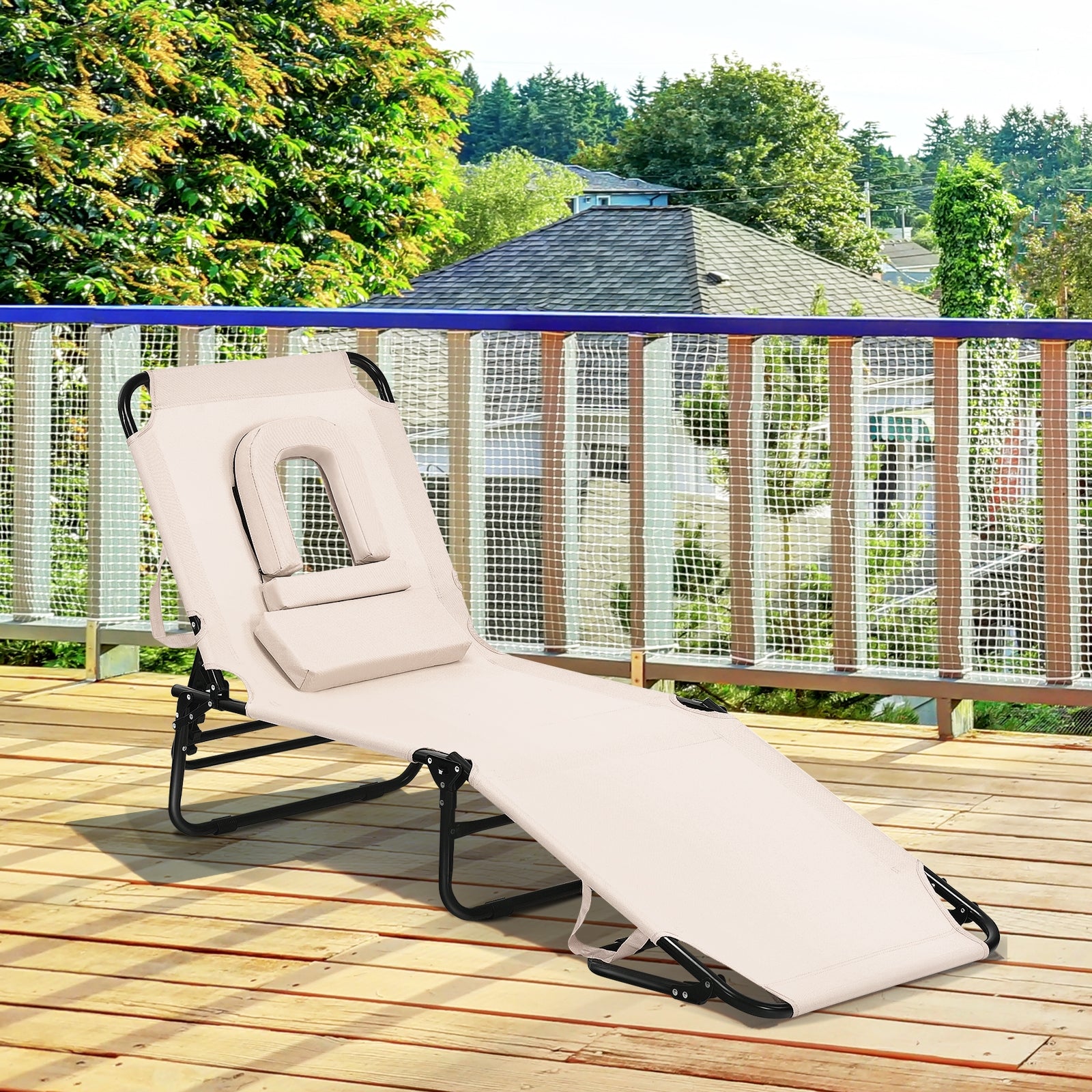 Outdoor Folding Chaise Beach Pool Patio Lounge Chair Bed with Adjustable Back and Hole-BeigeÂ 