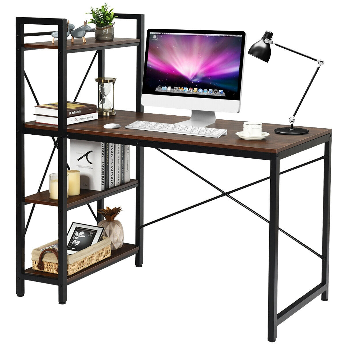 47.5 Inch Writing Study Computer Desk with 4-Tier Shelves-Tan