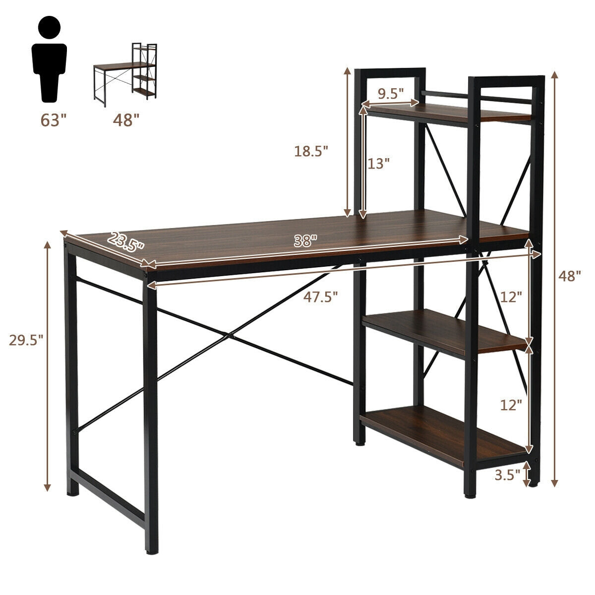 47.5 Inch Writing Study Computer Desk with 4-Tier Shelves-Tan